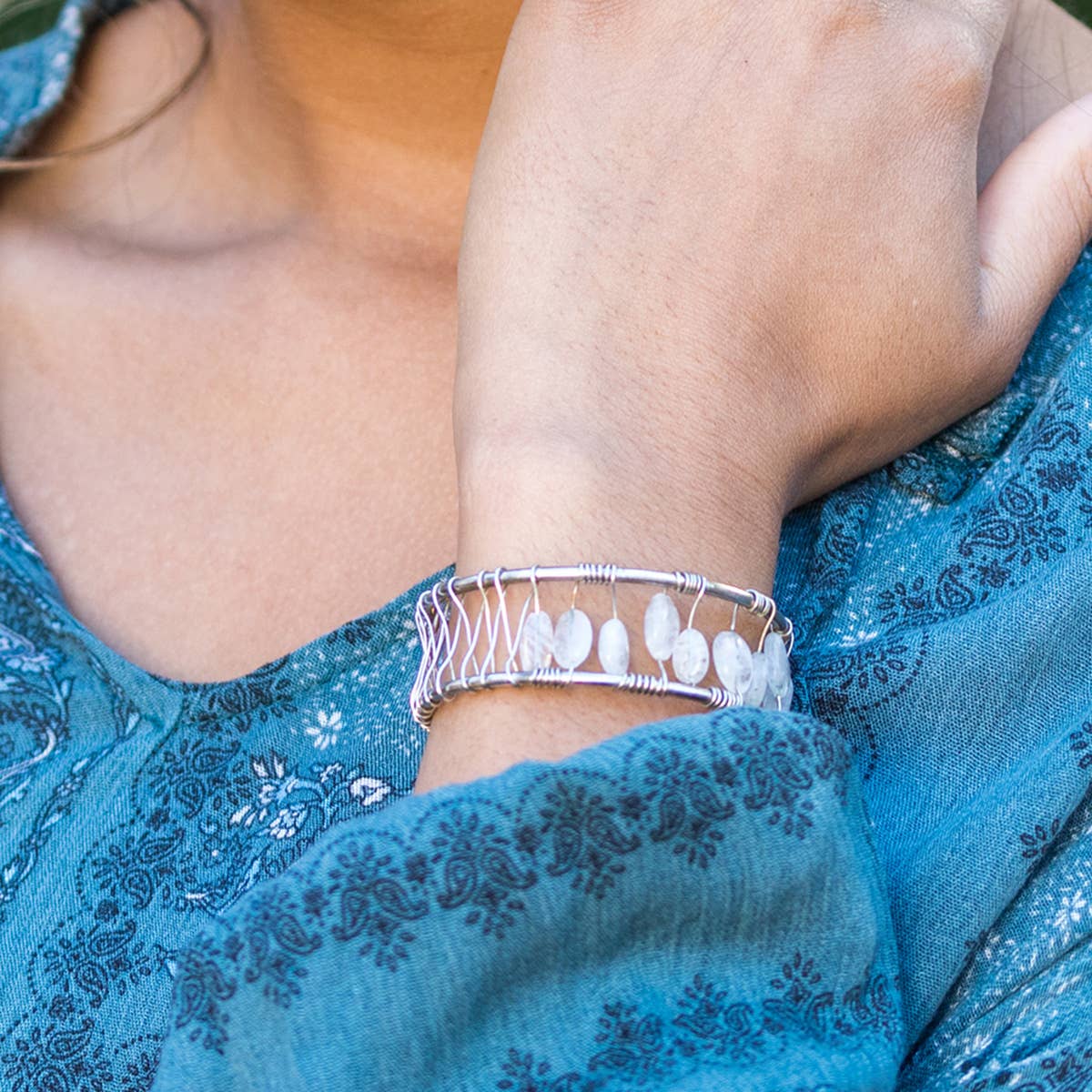 Wire-Wrapped Stone Cuff - Antique Silver with Moonstone