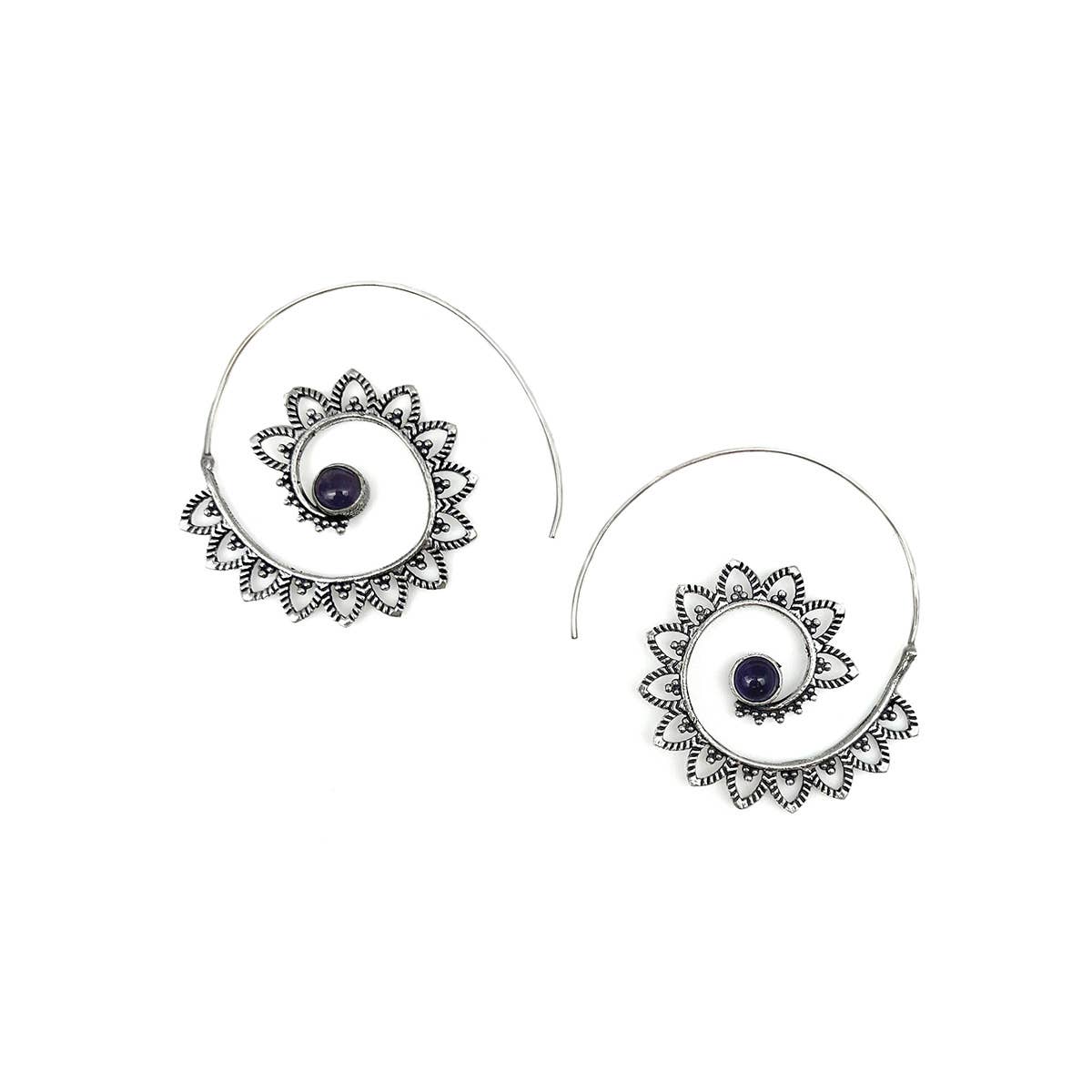 Tanvi Collection Earrings - Amethyst Silver Petals Open Hoop
