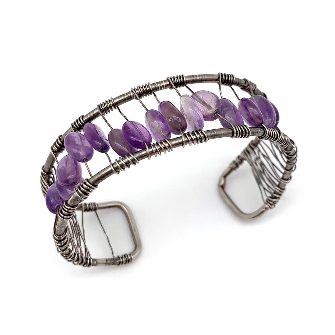 Wire-Wrapped Stone Cuff - Antique Silver with Amethyst