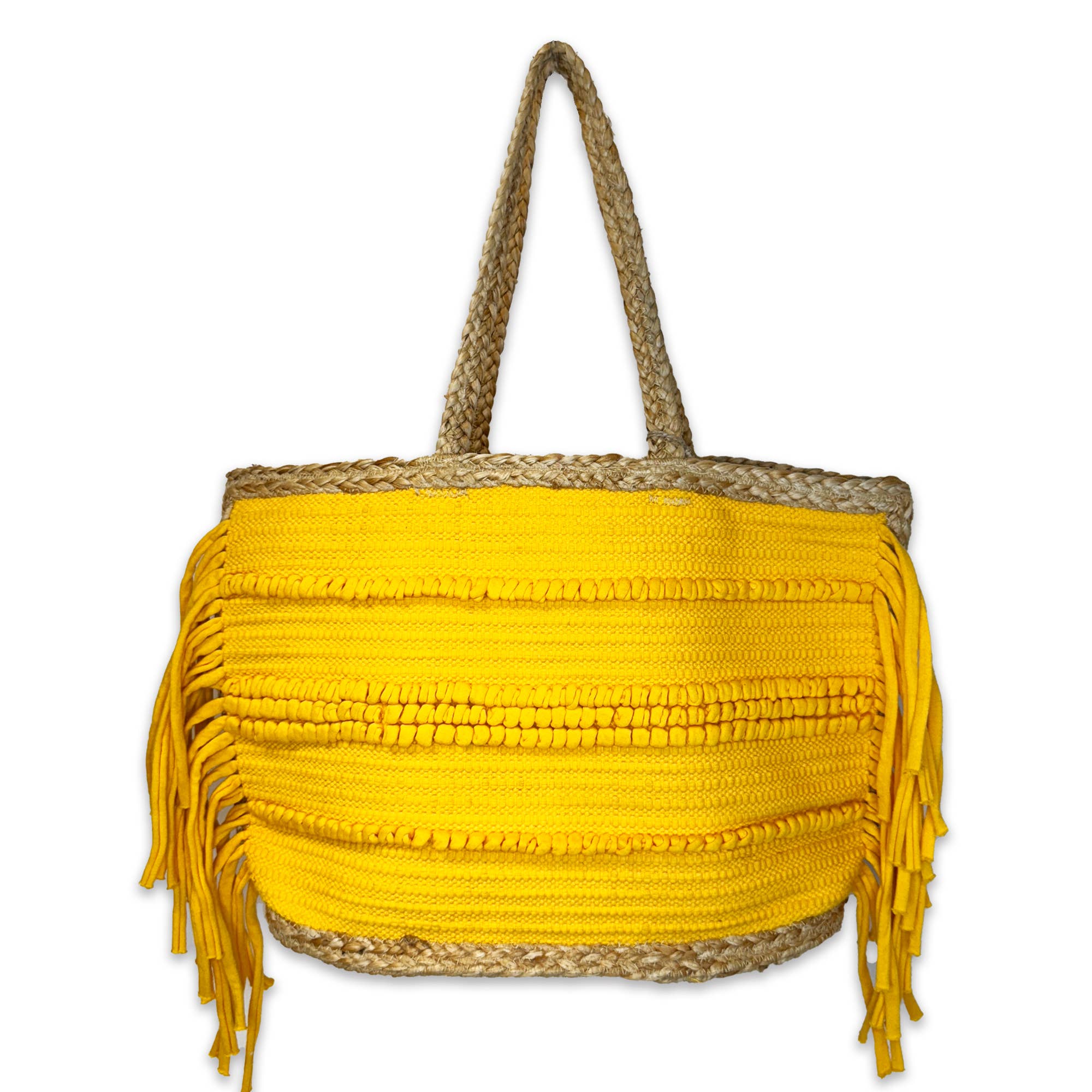 Nora Tote - Jute and Yellow Cotton Tote with Fringes