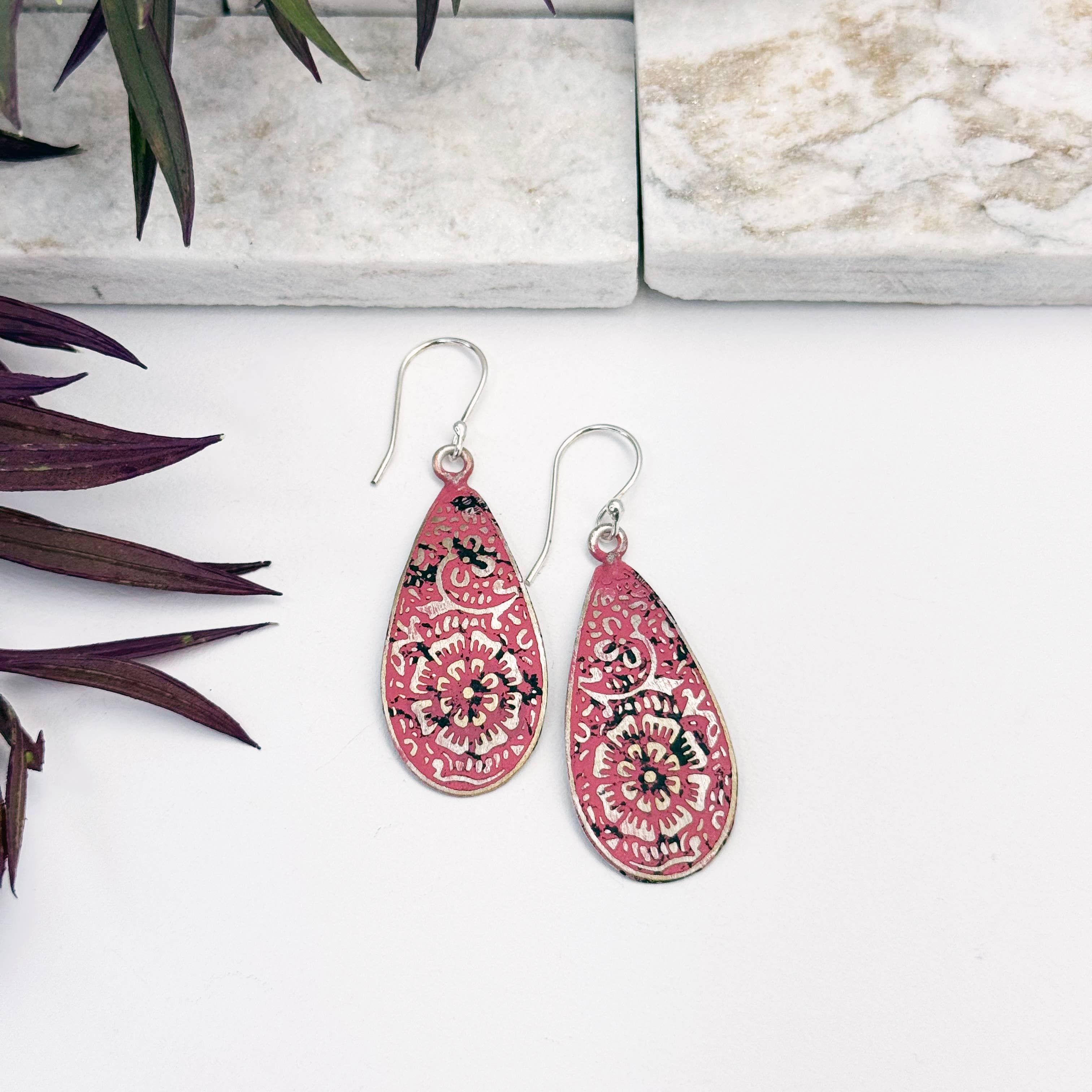 Handcrafted Silver Patina Red Greek Key Earrings