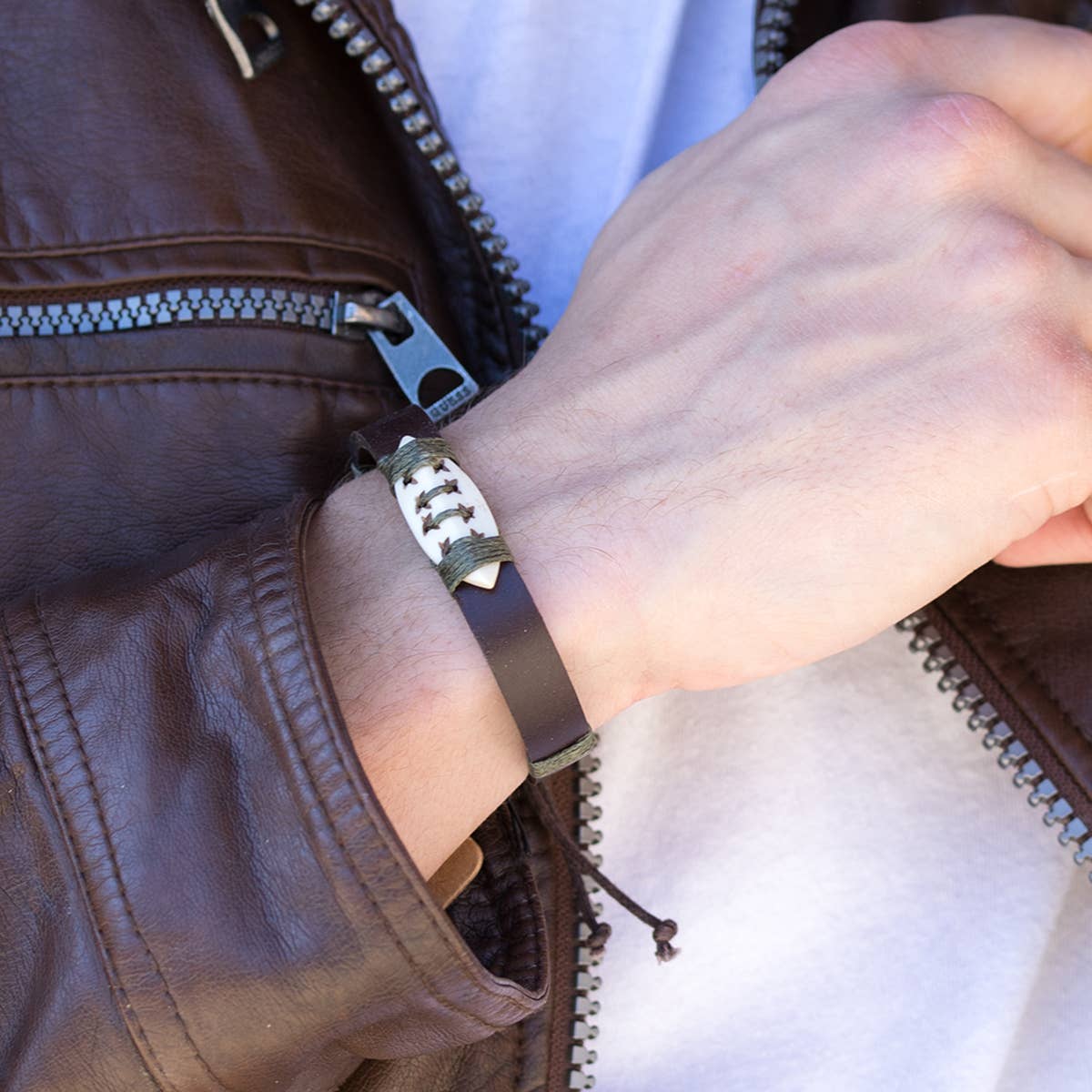 Aadi Bone Bead On Brown Leather Pull Tie Men's Bracelet