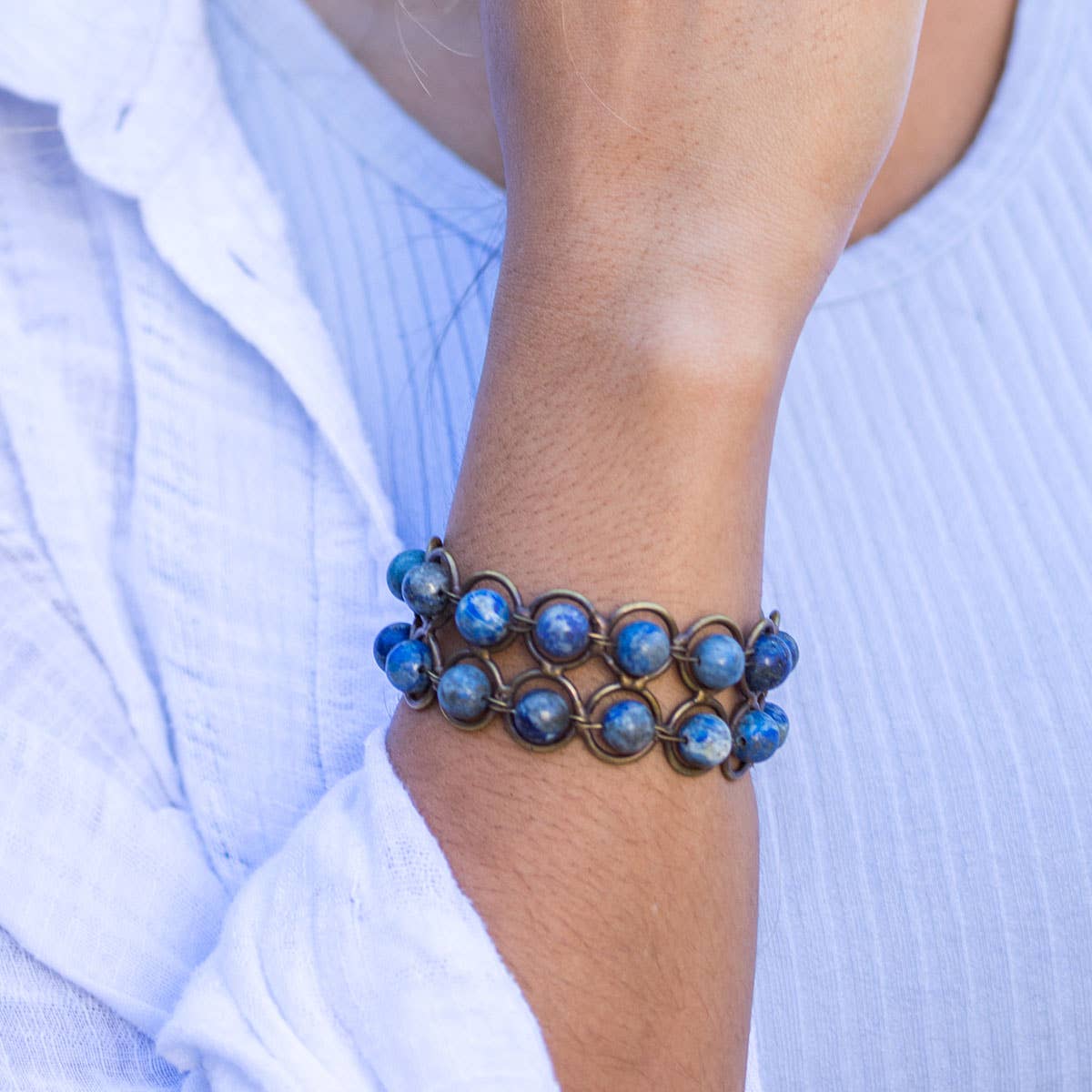 Wire-Wrapped Stone Cuff - Antique Brass with Lapis Lazuli