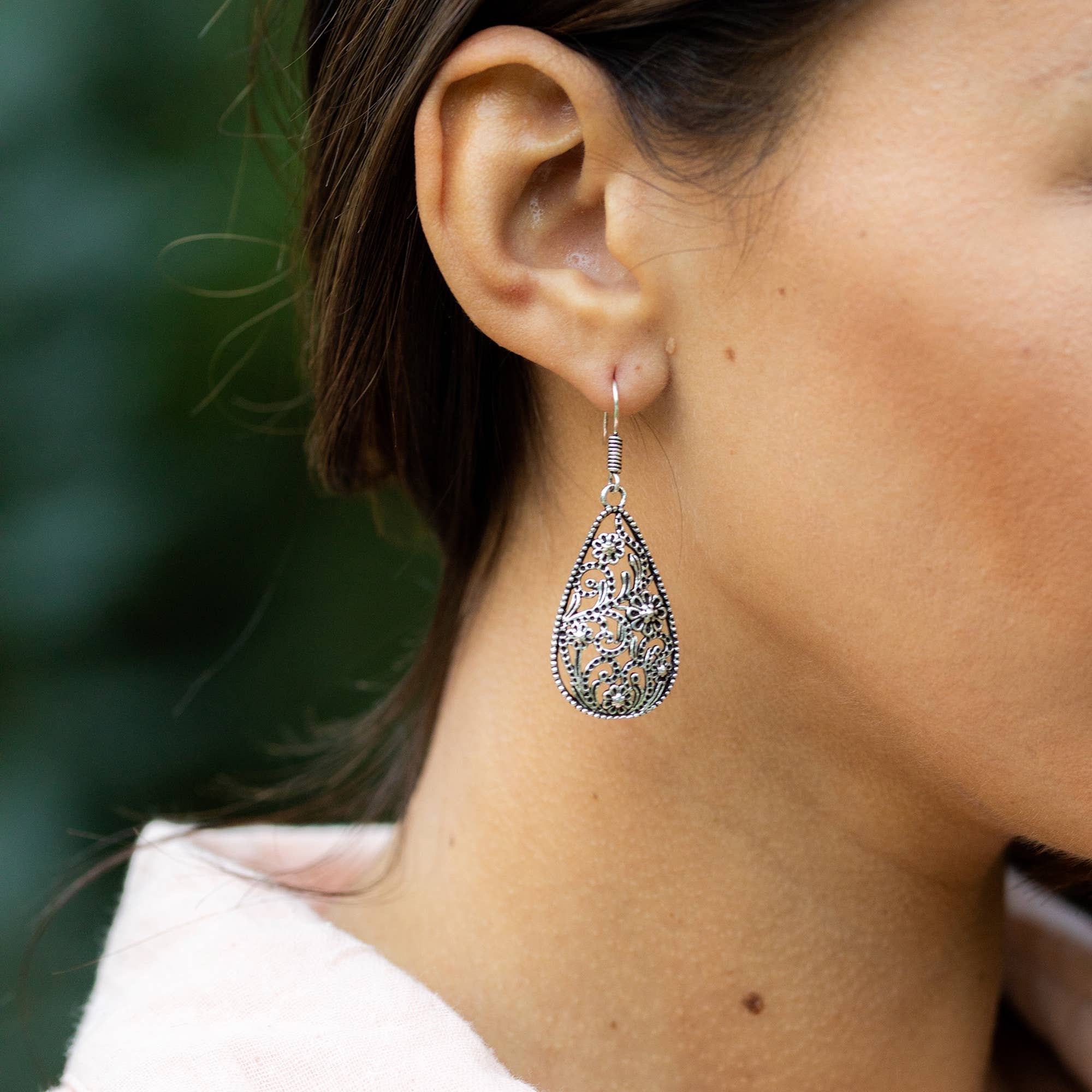 Tanvi Silver Flowery Vines In Teardrop Shape Earrings