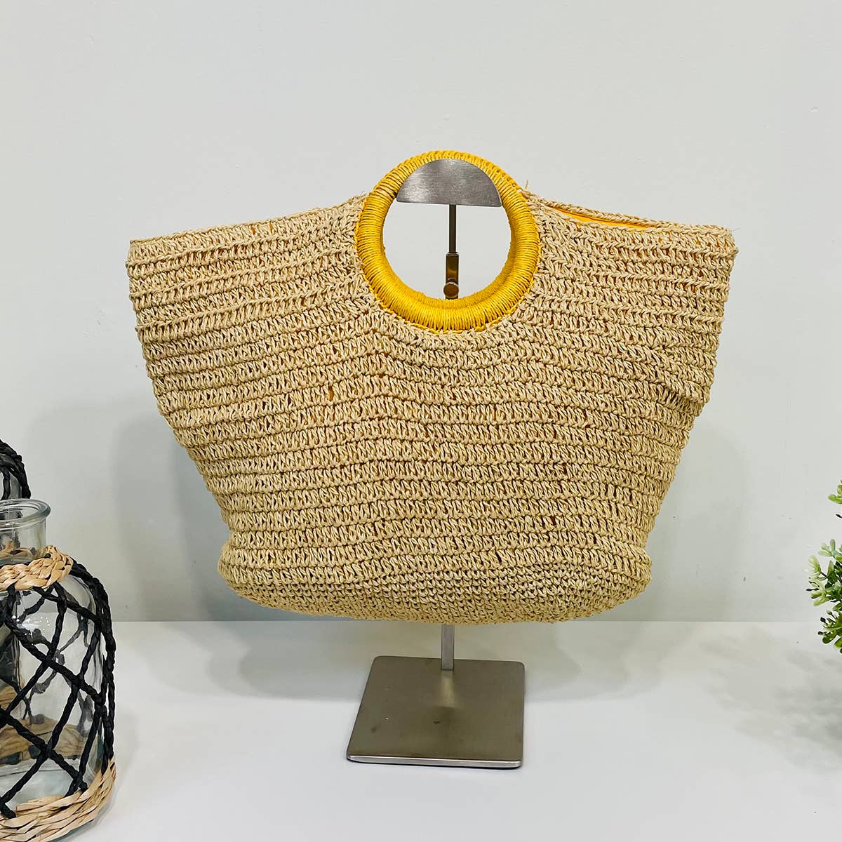 Cali Basket Raffia Bag with Colorful Wrapped Wooden Handle