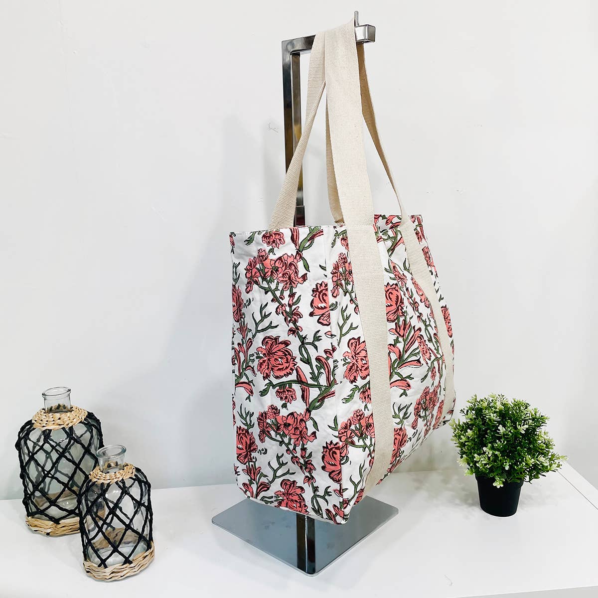 Handcrafted Canvas Bag with Block-Printed Cherry Blossom