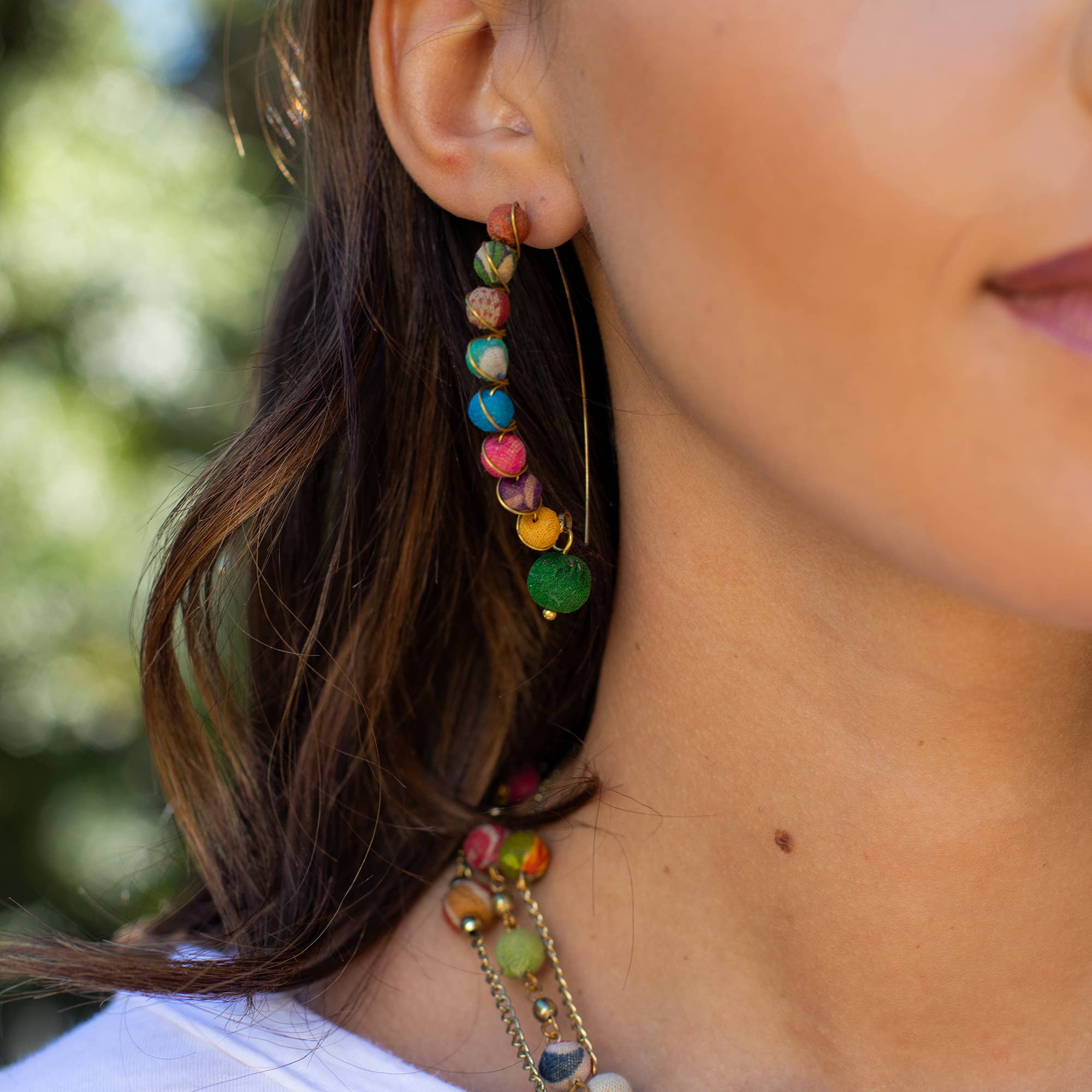 Aasha Kantha Slim Long Hoop Wrapped Round Bead Earrings