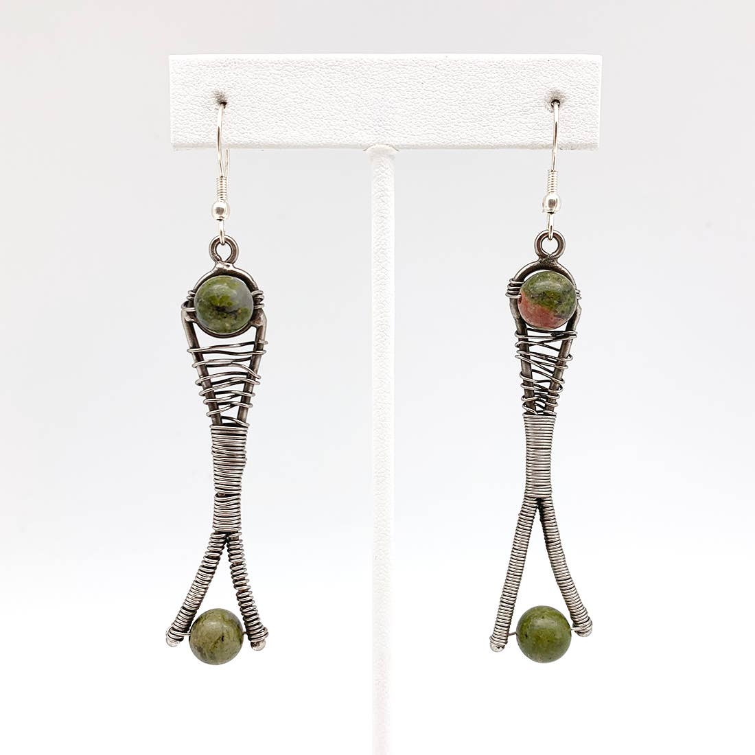 Wire-Wrapped Stone Earrings - Antique Silver, Unakite