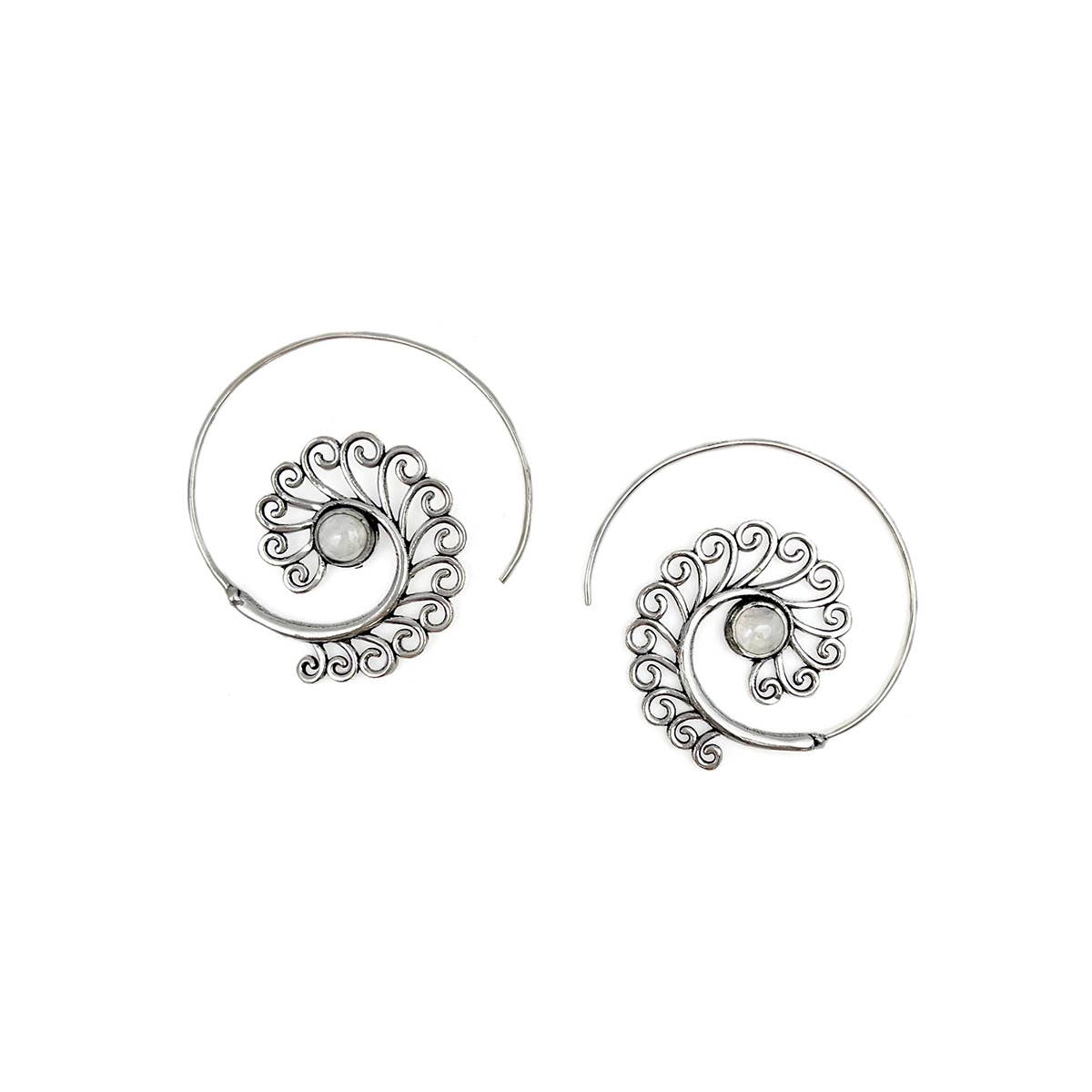 Tanvi Collection Earrings - Moonstone Silver Curls Open Hoop