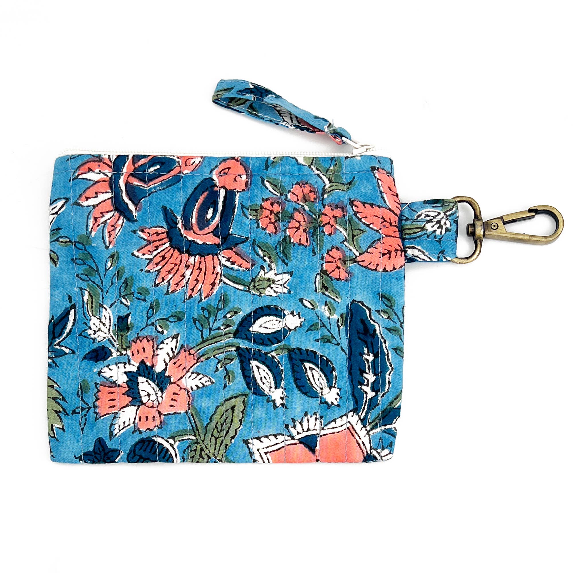 Quilted Block-Printed Travel Pouch - Peach Wildflowers