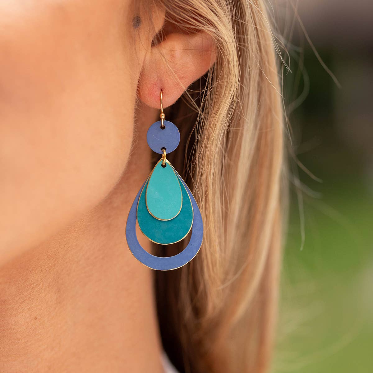 Brass Patina Earrings - Blue and Indigo Layers