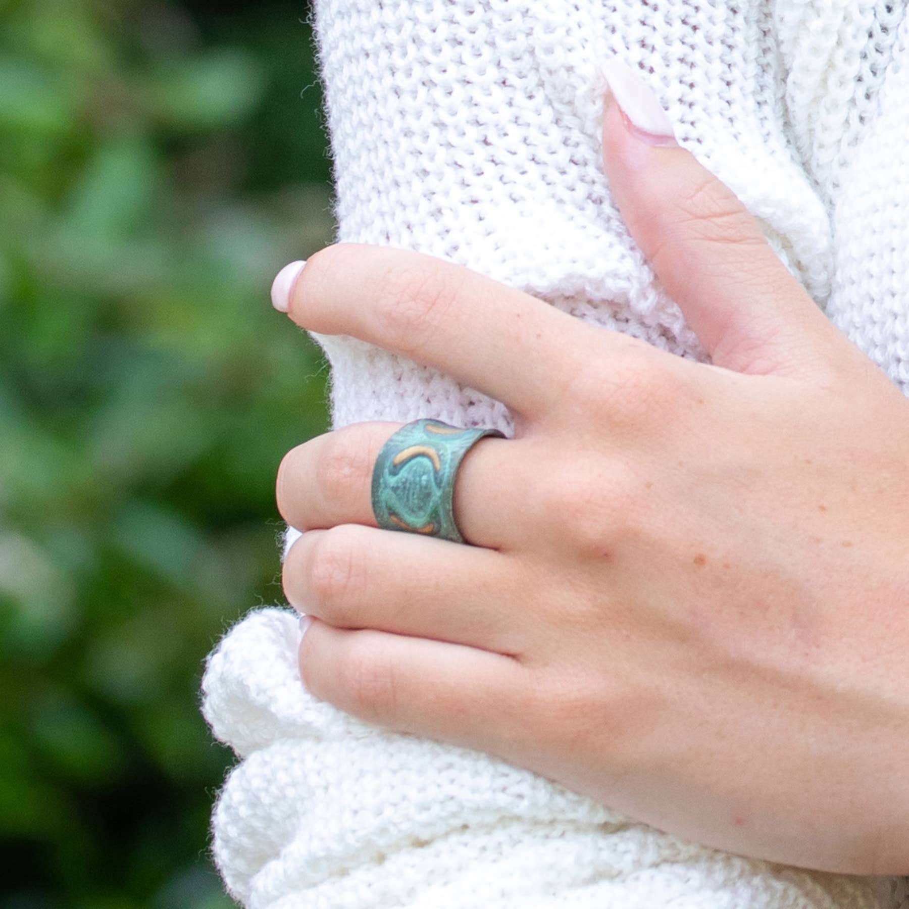 Brass Patina Ring - Turquoise with Mirrored Crescents