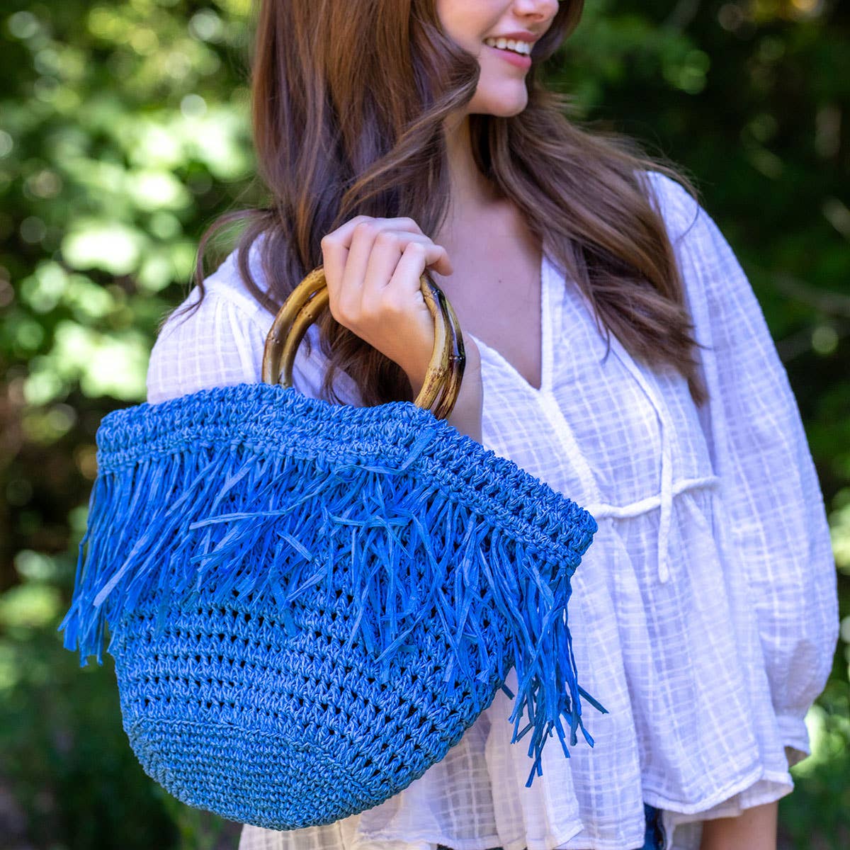 Santorini Bag - Blue Raffia Fringe Bag with Wood Handle