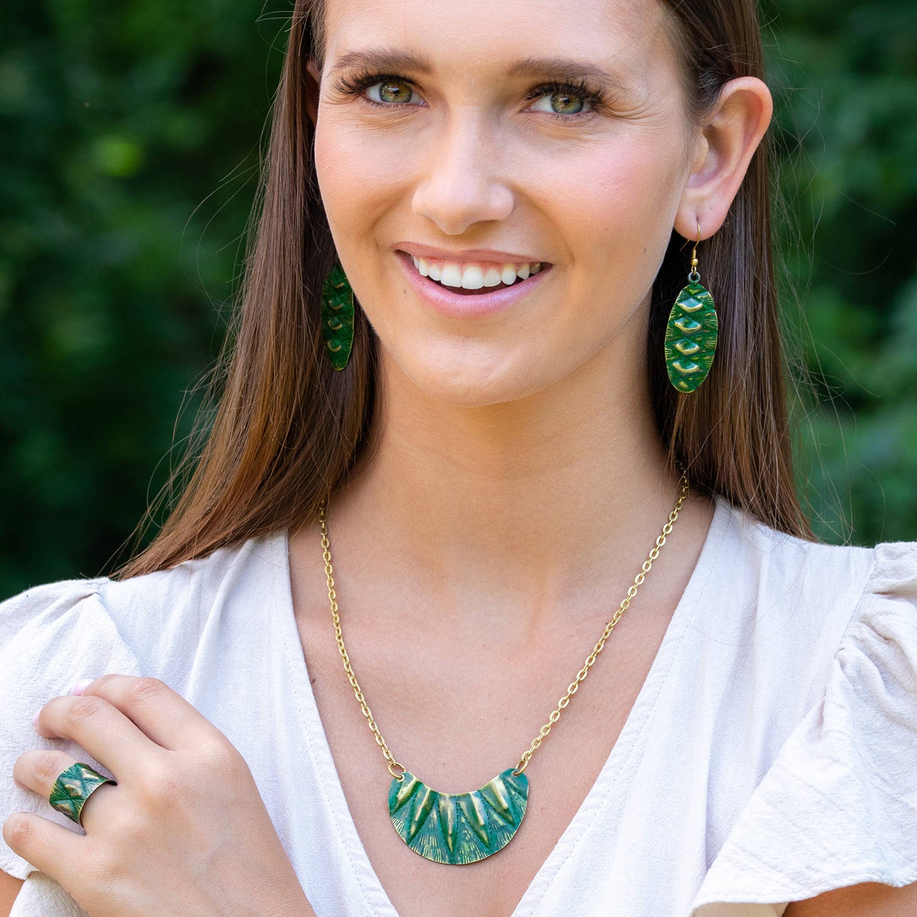 Brass Patina Necklace - Green Triangles on Curved Pendant