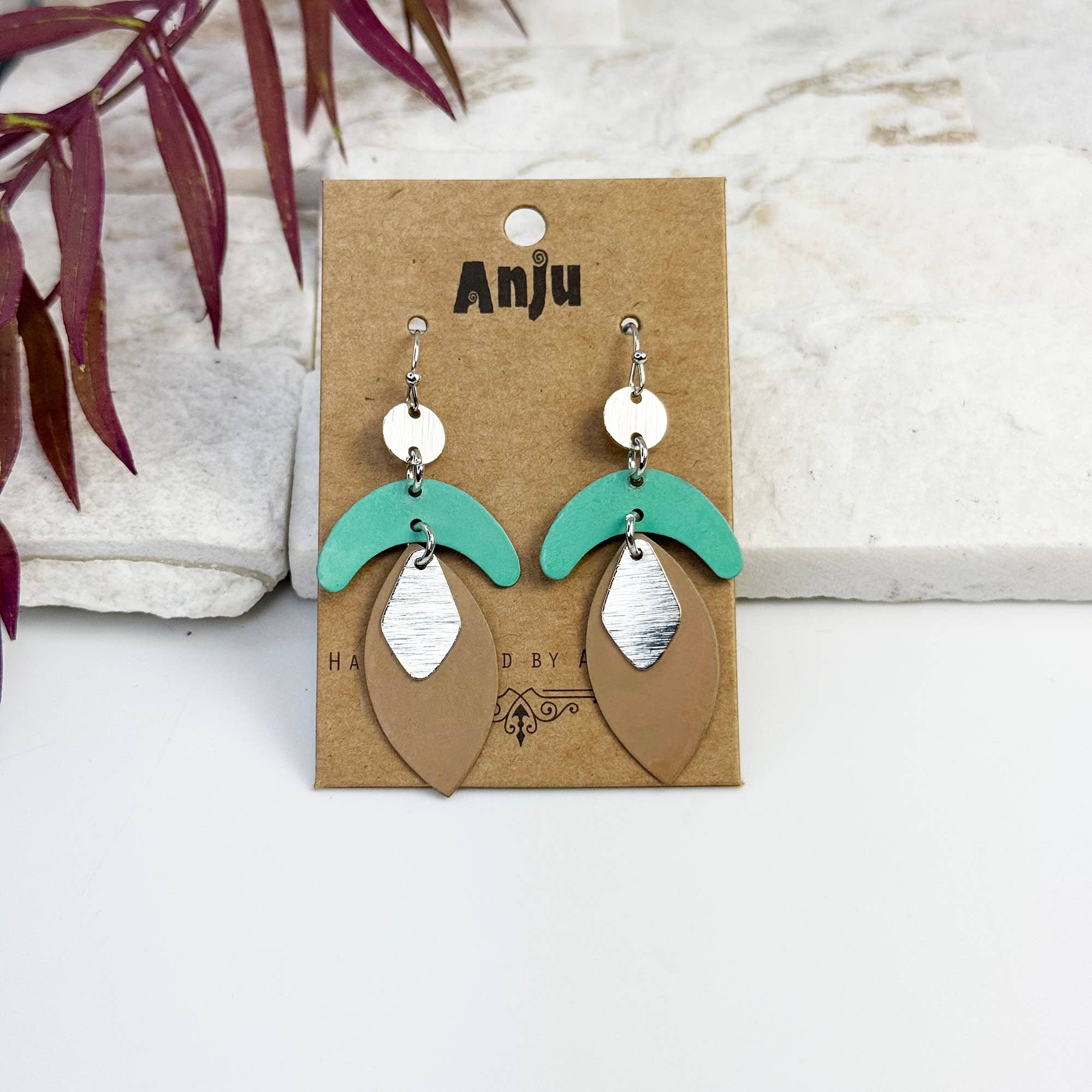 Handcrafted Tan & Green Patina Arc Teardrop Earrings