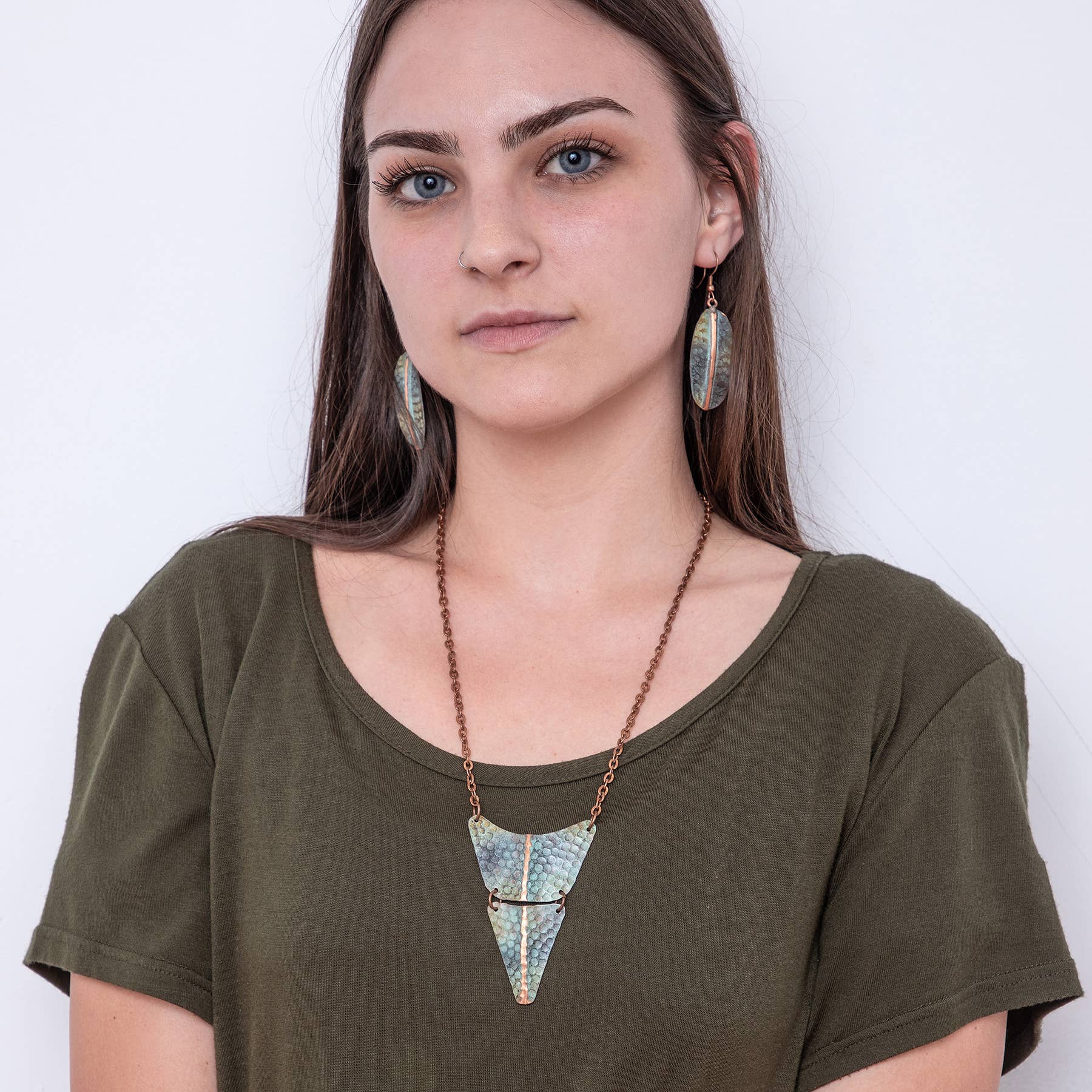 Copper Patina Necklace - Green Hammered with Band