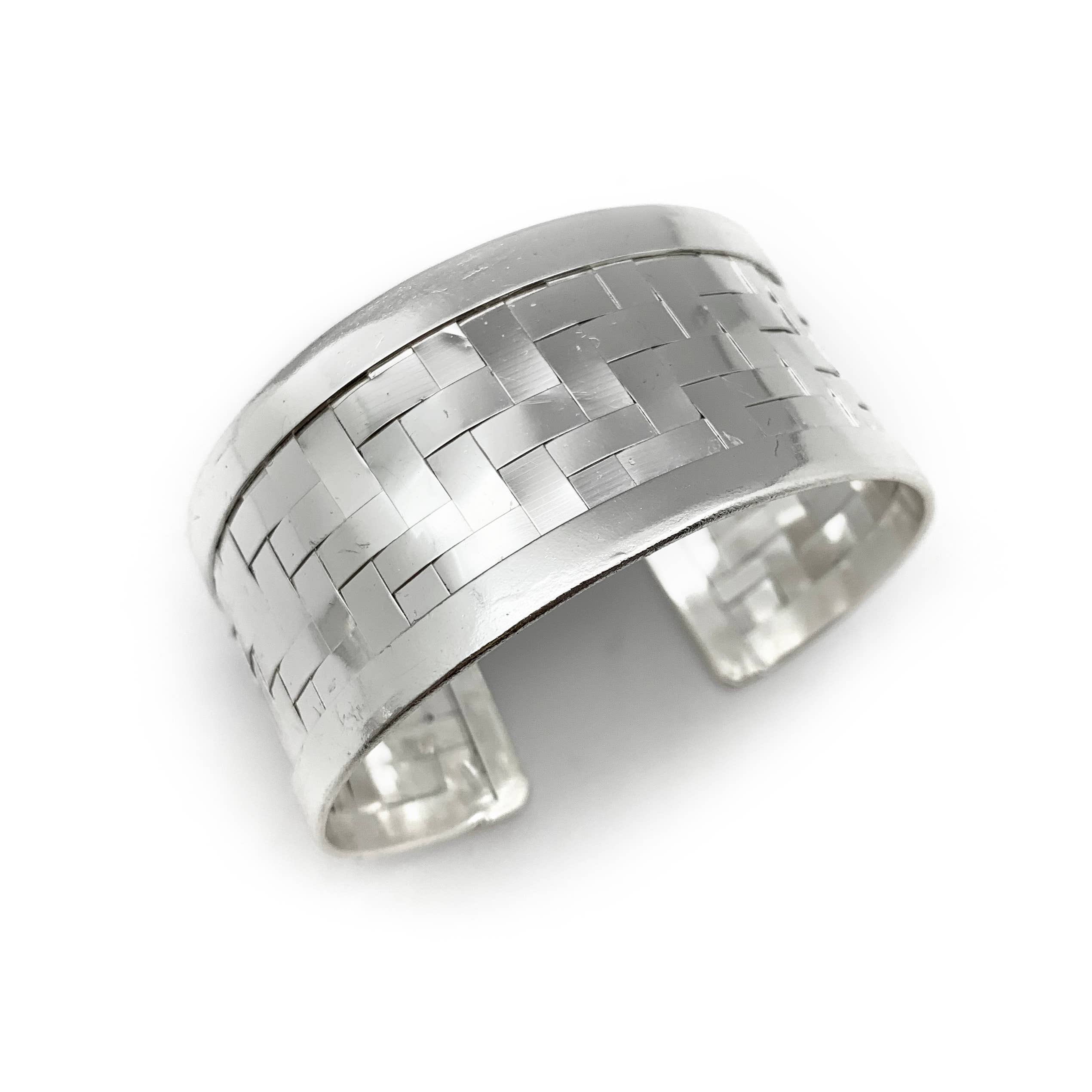 Silver Plated Adjustable Cuff Bracelet - Basketweave