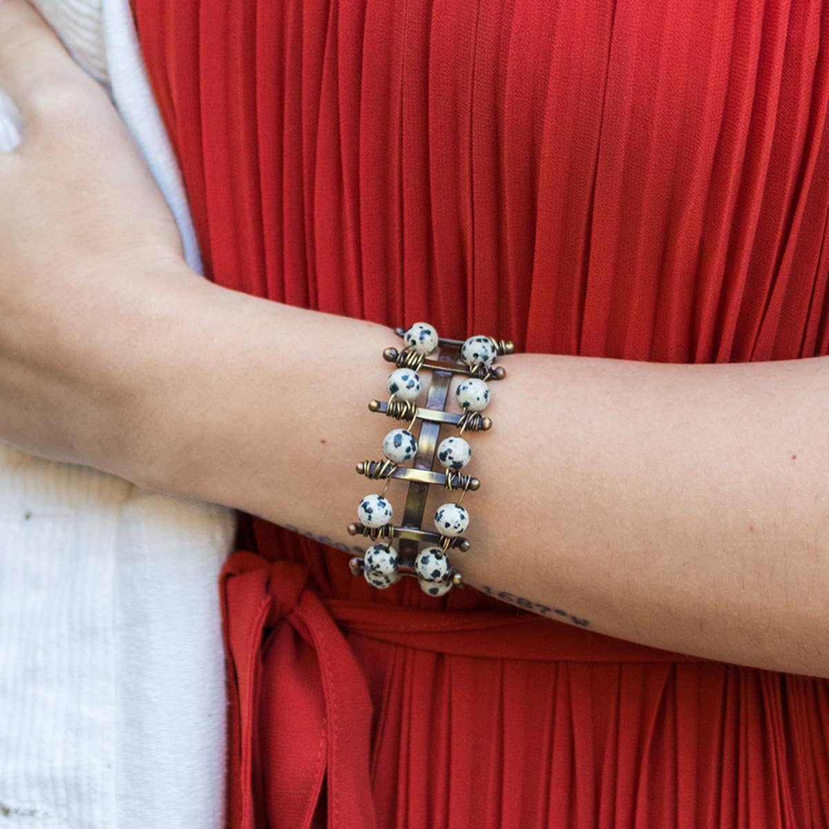 Wire-Wrapped Stone Cuff - Antique Brass and Dalmatian Jasper