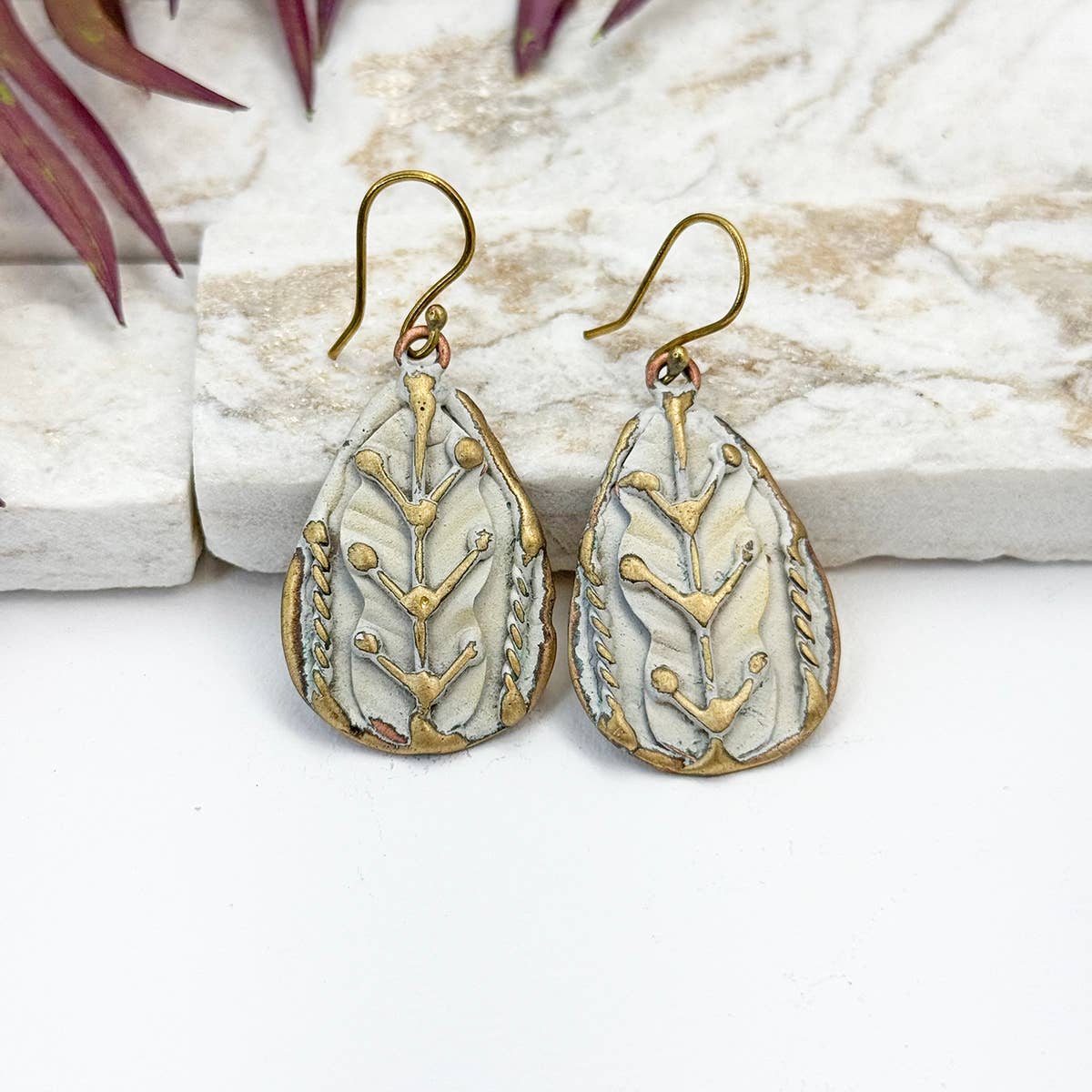 Handcrafted Antique White Dotted Leaf Brass Patina Earrings