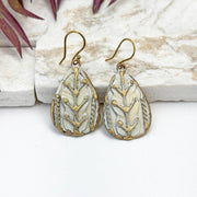 Handcrafted Antique White Dotted Leaf Brass Patina Earrings