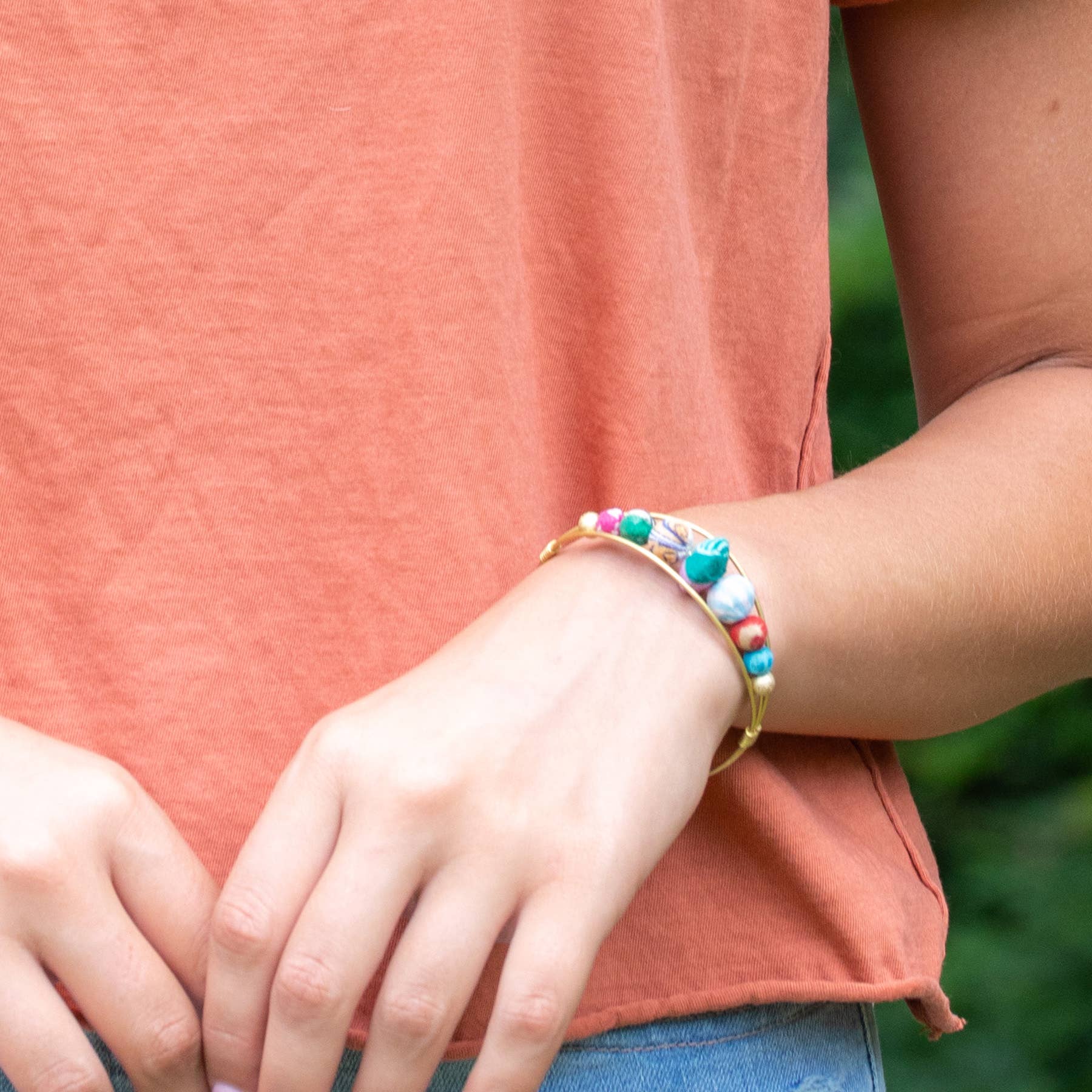 Aasha Beads in Rounded Brass Frame Slim Cuff Bracelet