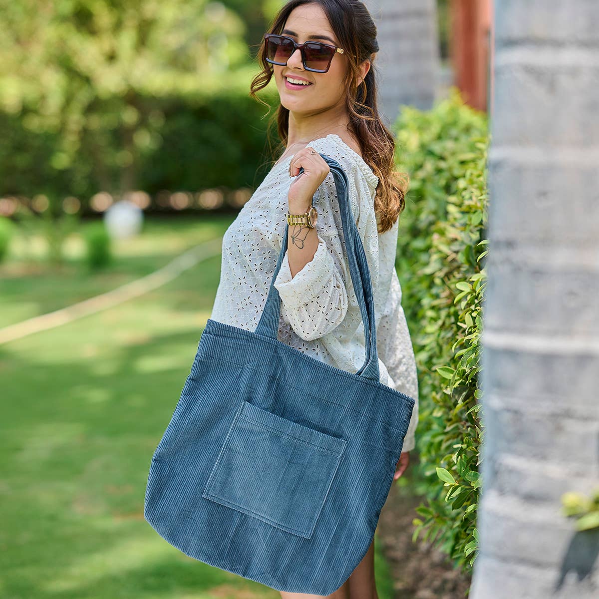 Corduroy Tote Bag with Front Pocket - Multiple Color Styles