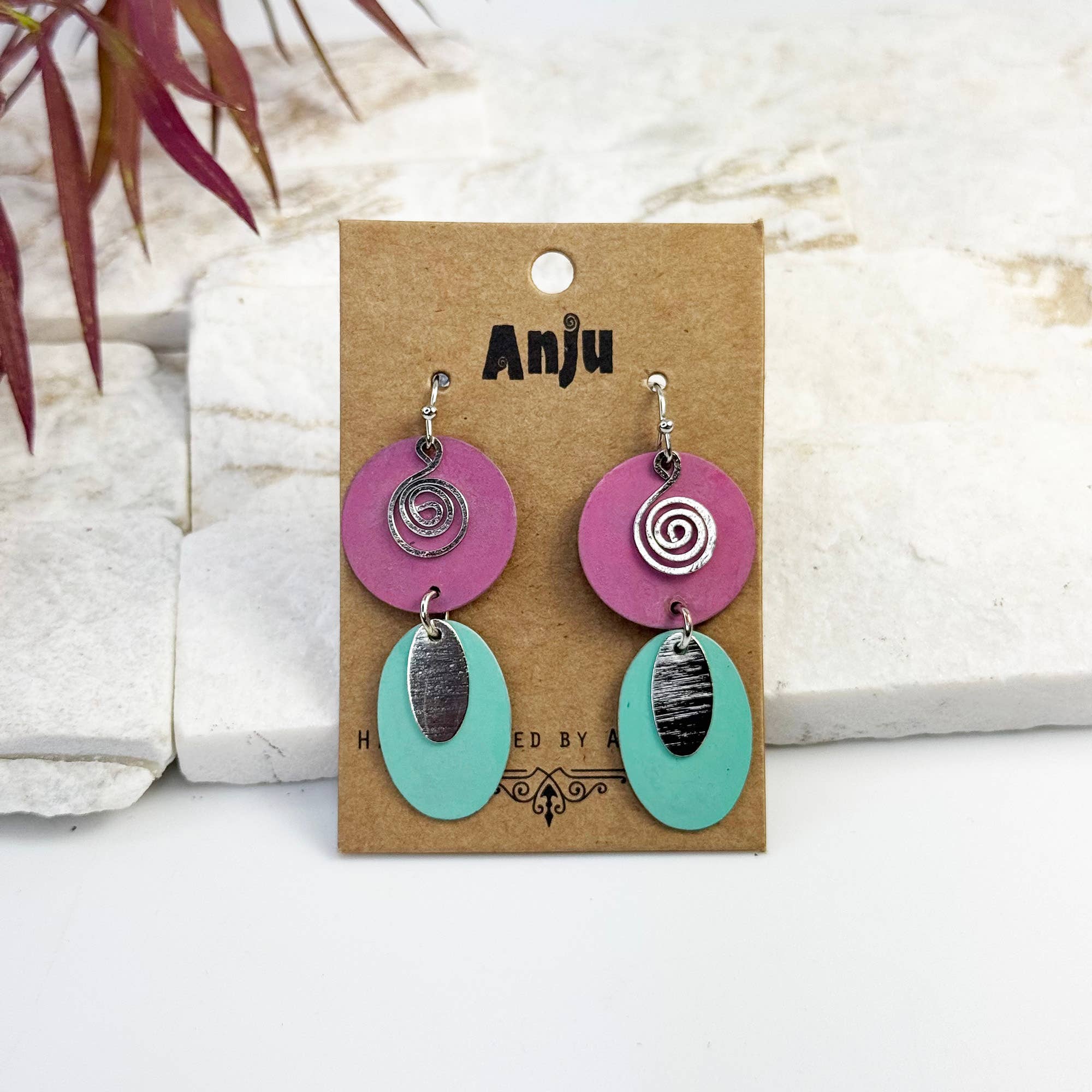Handcrafted Pink & Teal Patina Spiral Earrings