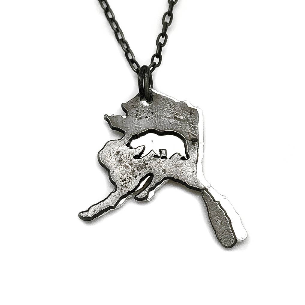 Home State Jewelry - Pewter Necklace - Alaska with Bear