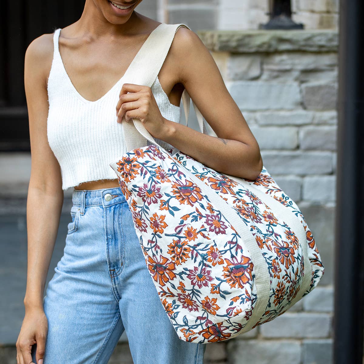 Handcrafted Canvas Bag with Block-Printed Amber Amaryllis
