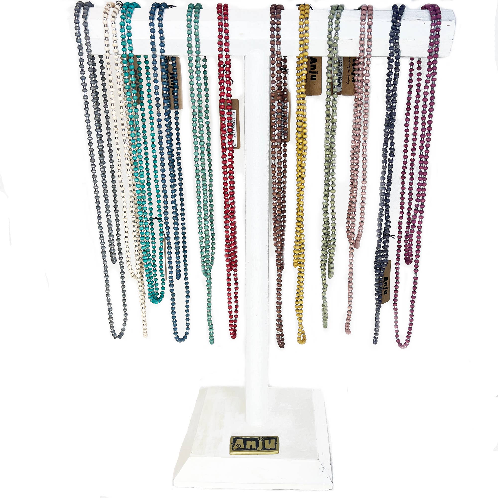 Handcrafted Long Wood Bead Necklace Prepack with Display