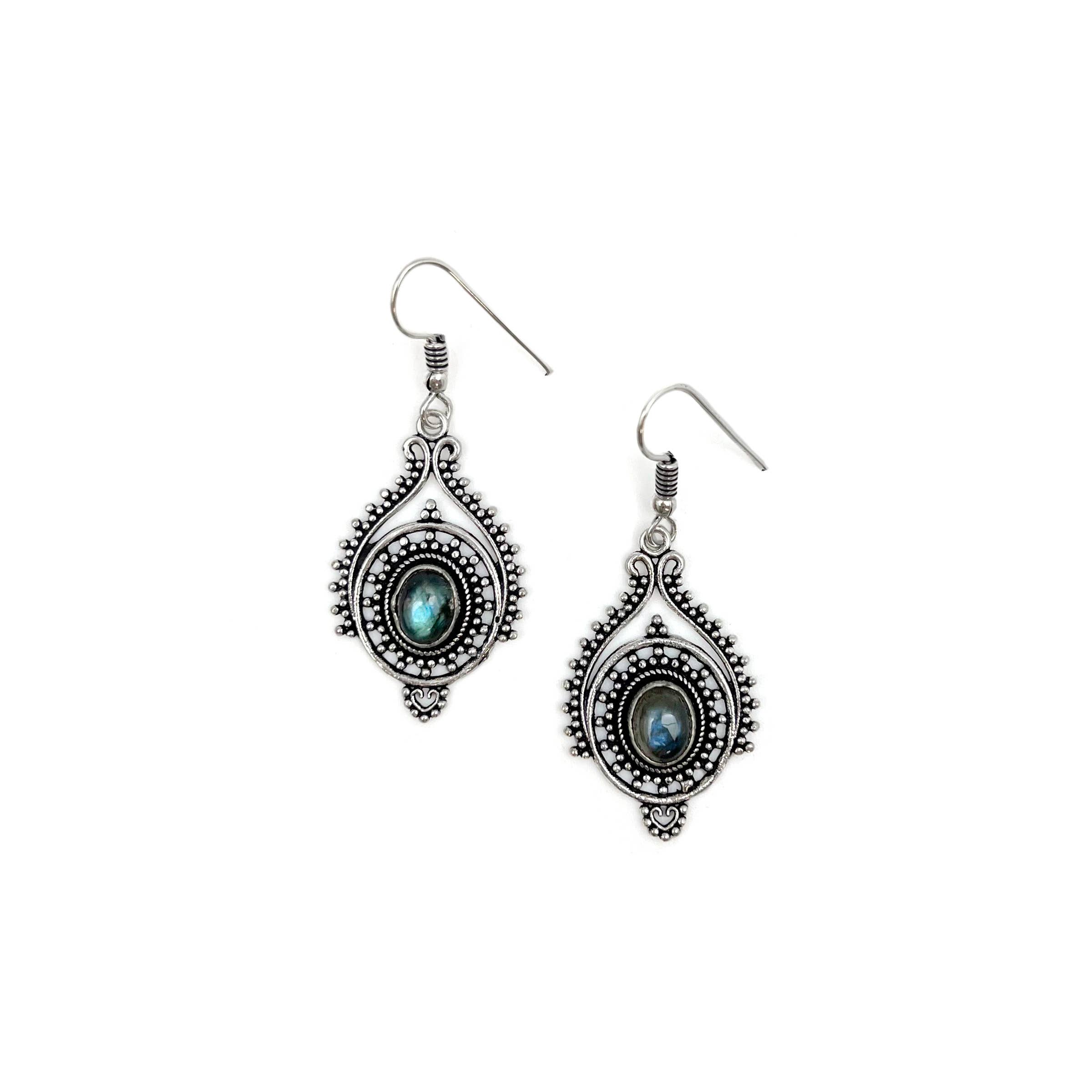 Tanvi Collection Earrings - Silver Ornate with Labradorite