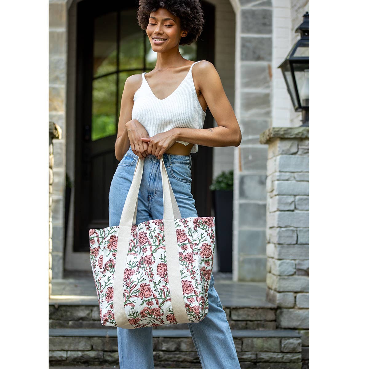 Handcrafted Canvas Bag with Block-Printed Cherry Blossom