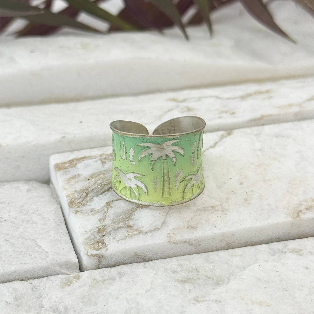 Handcrafted Green & Yellow Palm Tree Patina Ring
