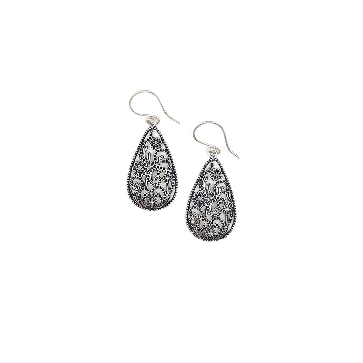Tanvi Silver Flowery Vines In Teardrop Shape Earrings