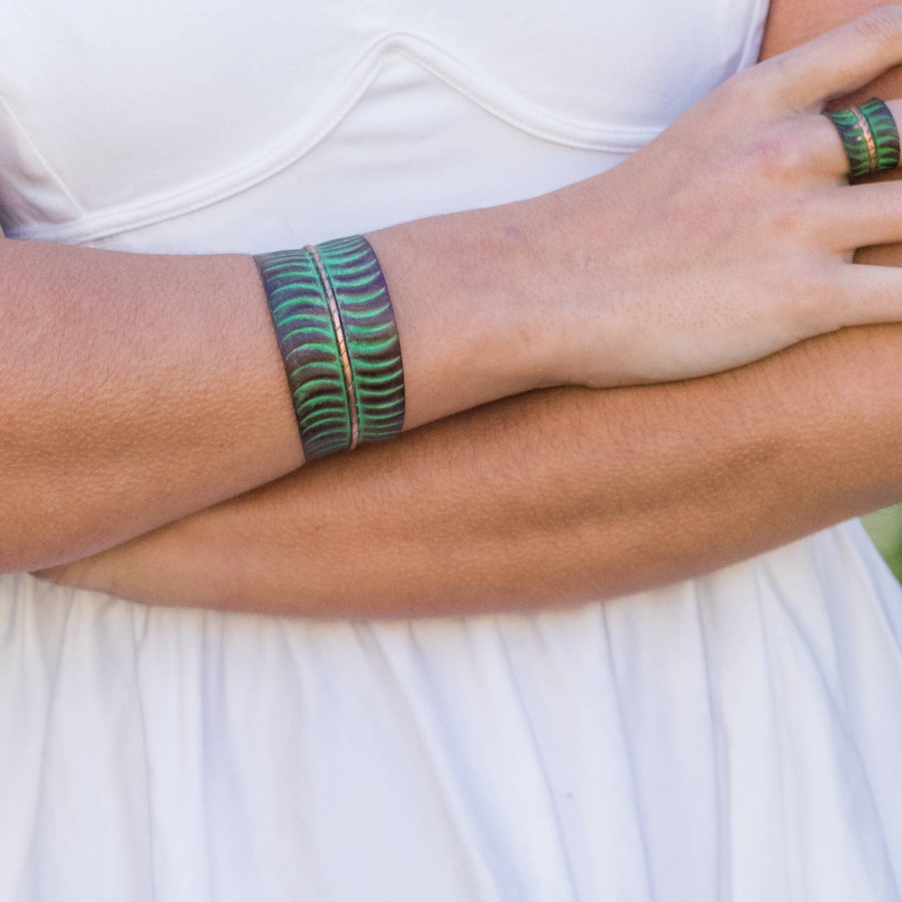 Copper Patina Bracelet - Tropical Green Leaf