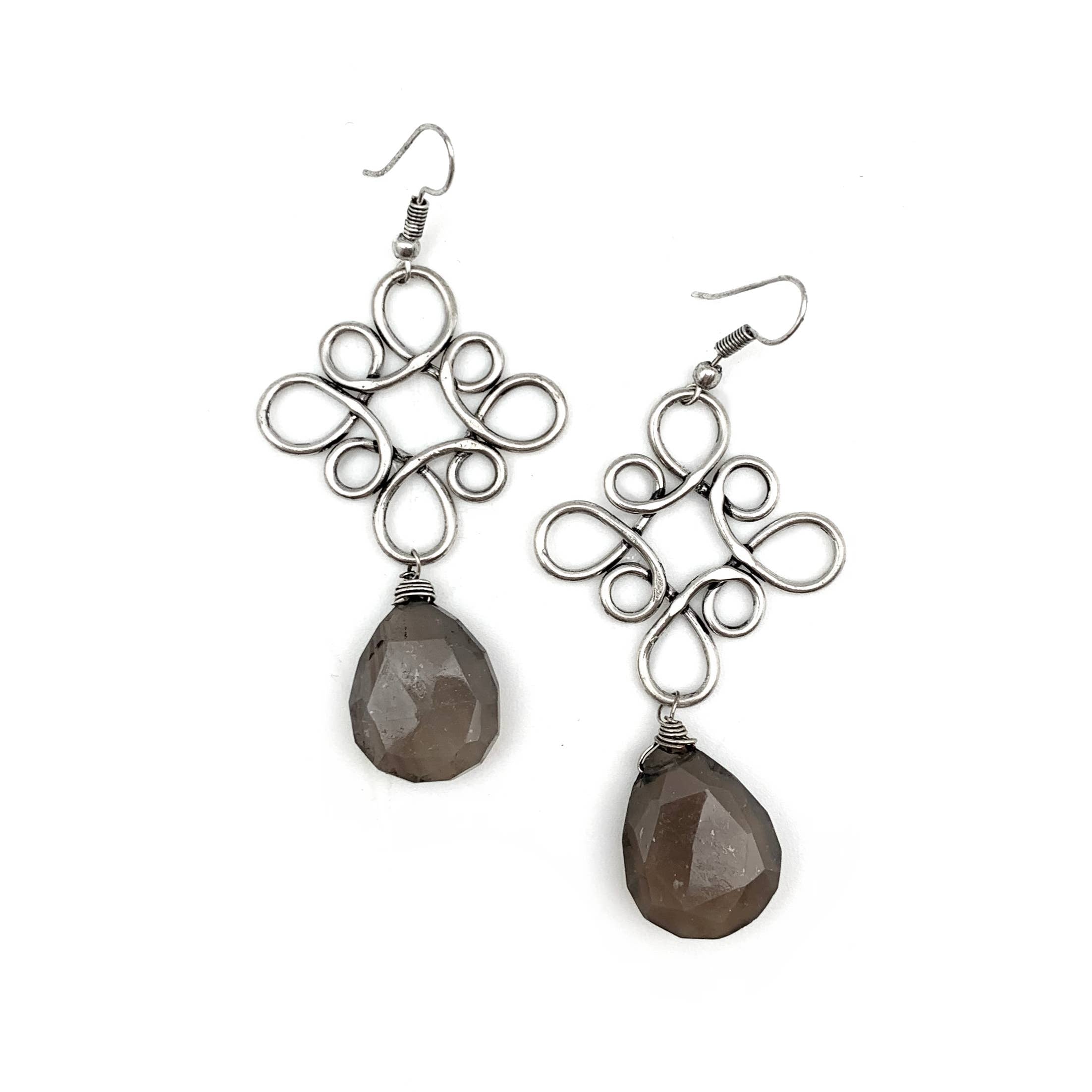 Silver Plated Earrings - Curly Square and Grey Agate