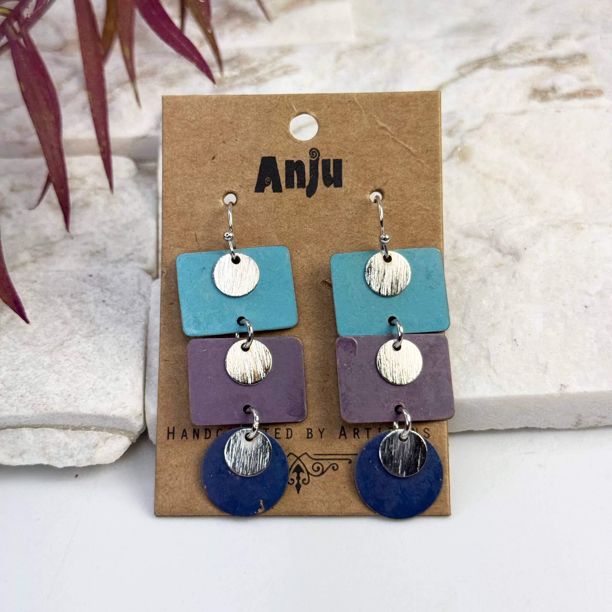 Handcrafted Cool Patina Long Geometric Dangle Earrings