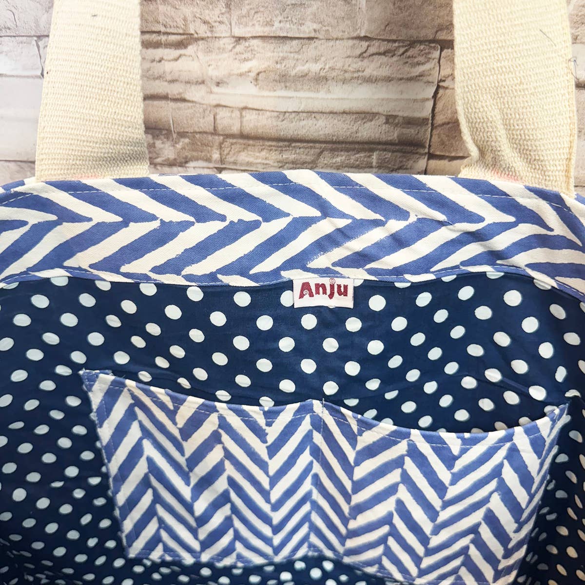 Canvas Bag with Block-Printed Blue and White Zigzag Pattern