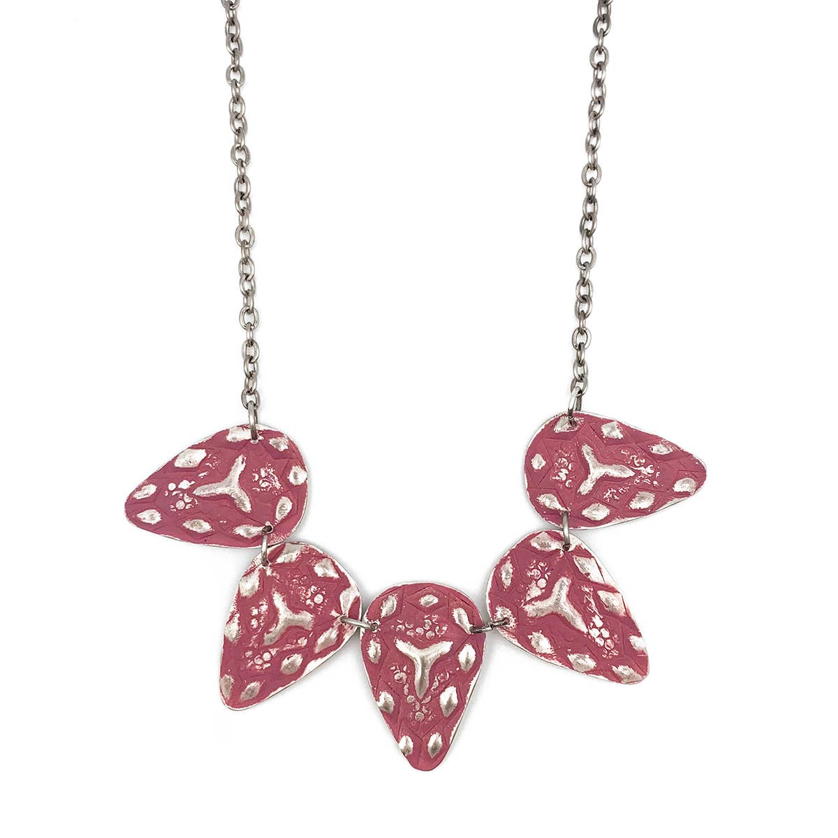Silver Patina Necklace - Five Pink Teardrops