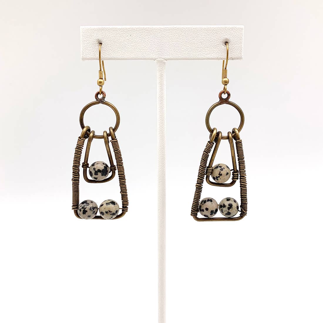 Wire-Wrapped Stone Earrings - Antique Brass Dalmatian Jasper