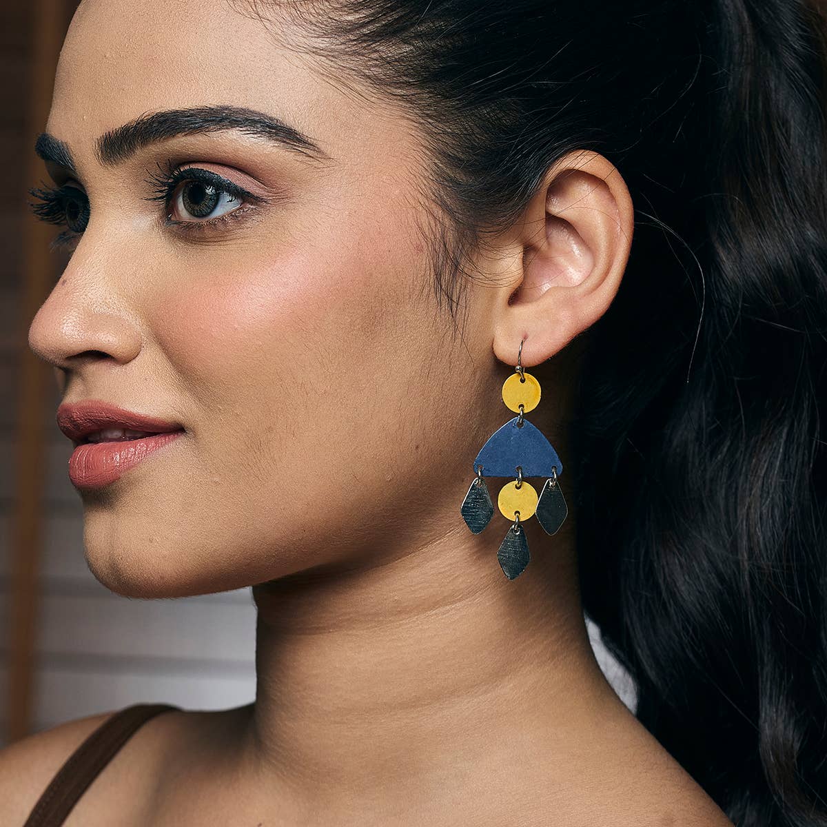 Handcrafted Yellow & Blue Patina Fanform Dangle Earrings