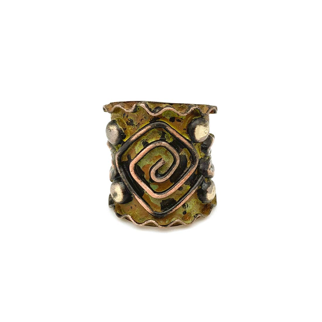 Copper Patina Ring - Light Green Square Spiral and Rivets