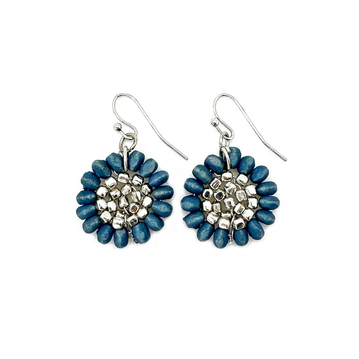 Sachi Wood Bead Flower Earrings - Blue