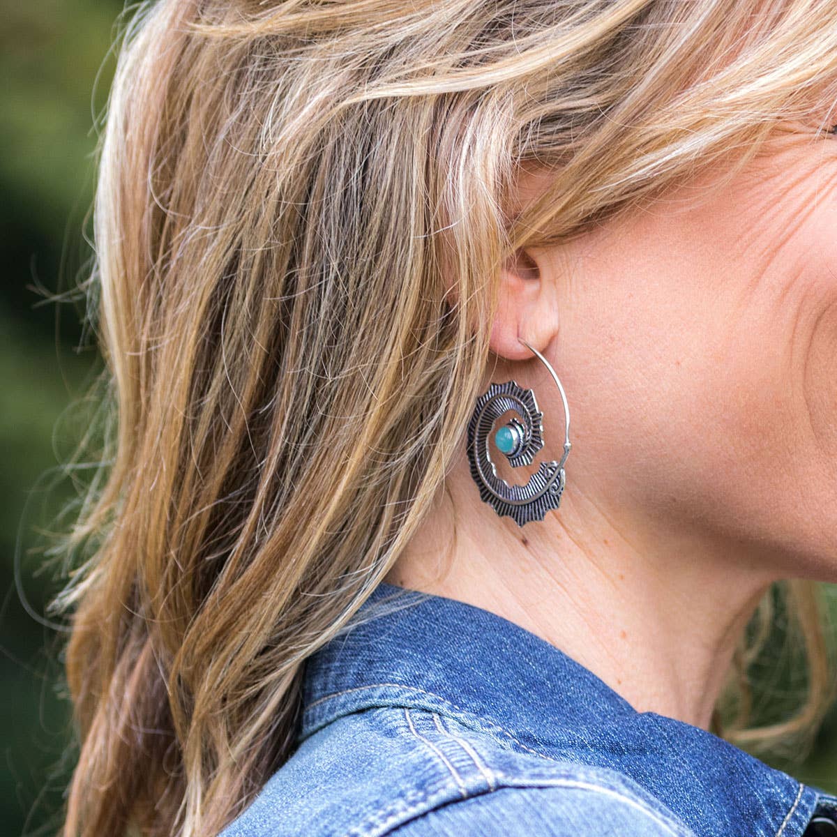 Tanvi Collection Earrings - Amazonite Silver Leaf Open Hoop