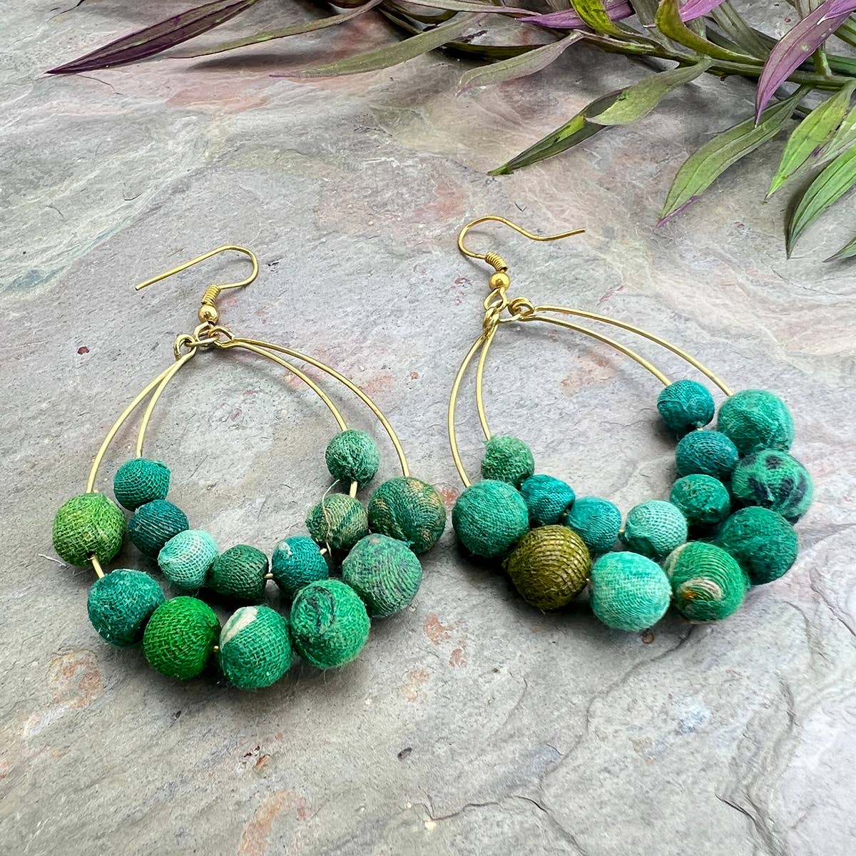 Aasha Seagrass Teardrop Kantha Boho Handcrafted Earrings