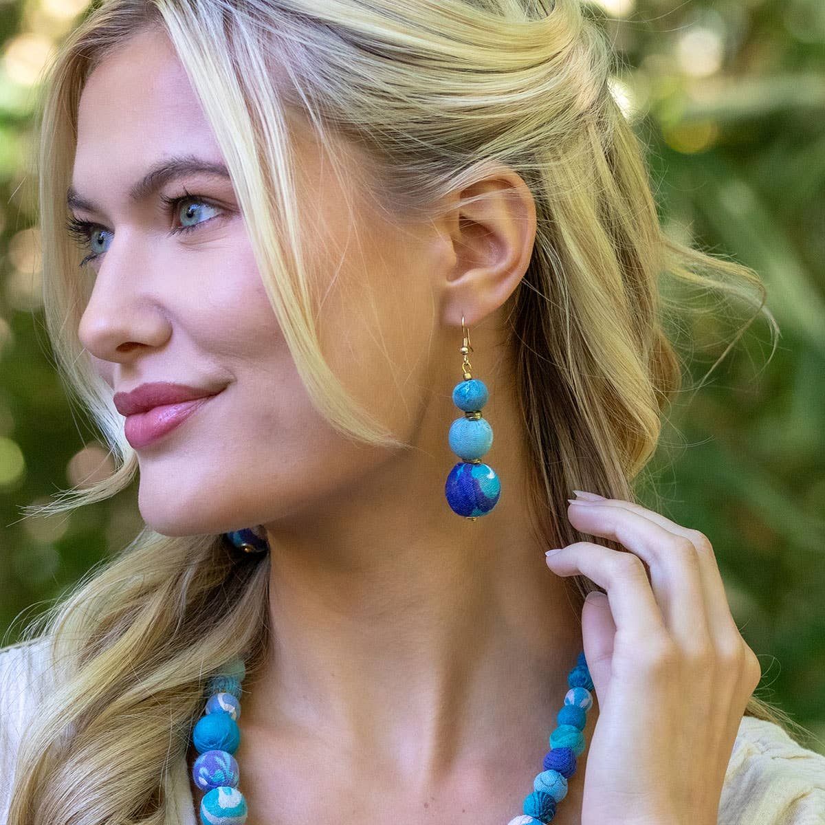 Aasha Trio Aqua Big Beaded Kantha Handcrafted Earrings