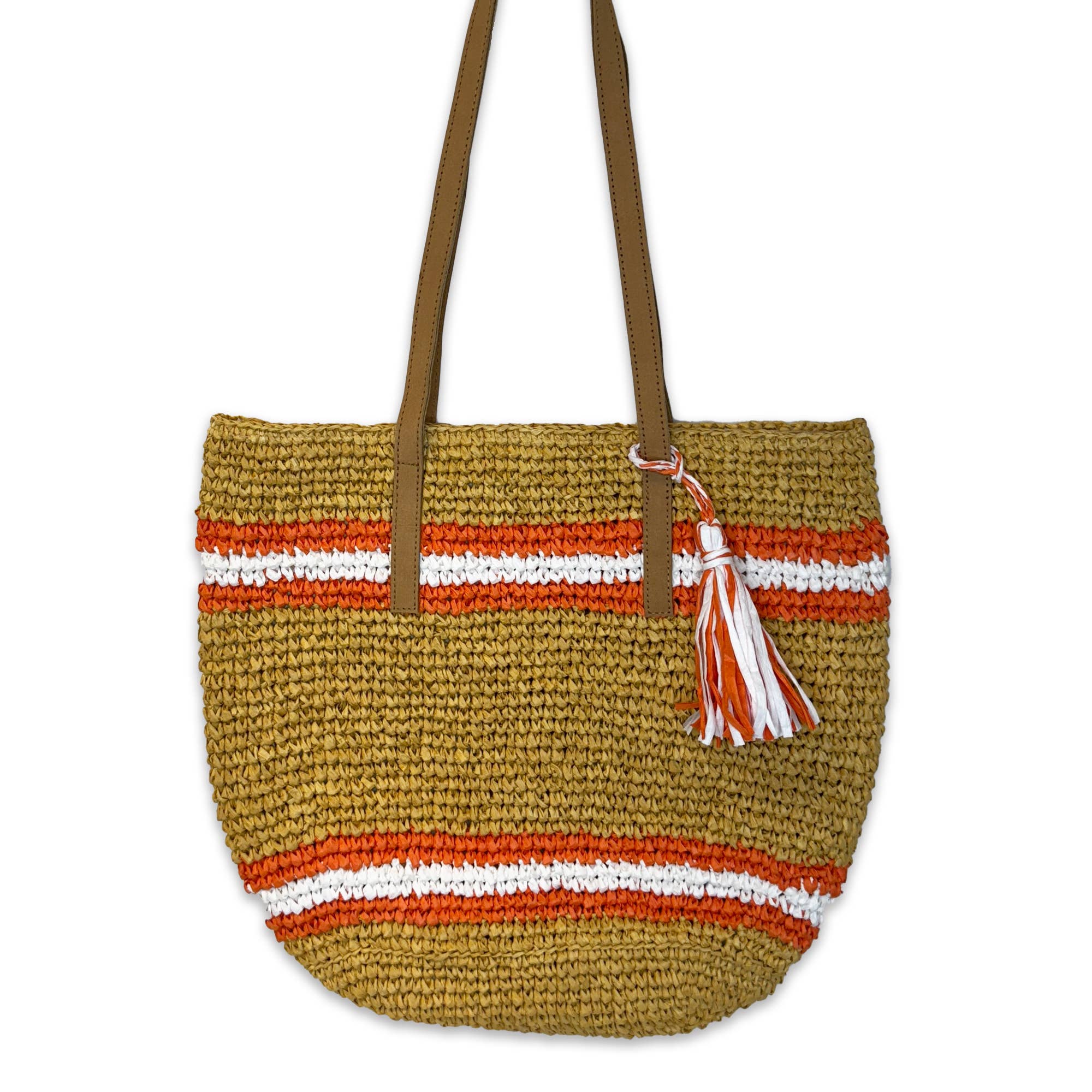 Tahiti Bag - Coral and White Stripes Raffia Bag with Tassel