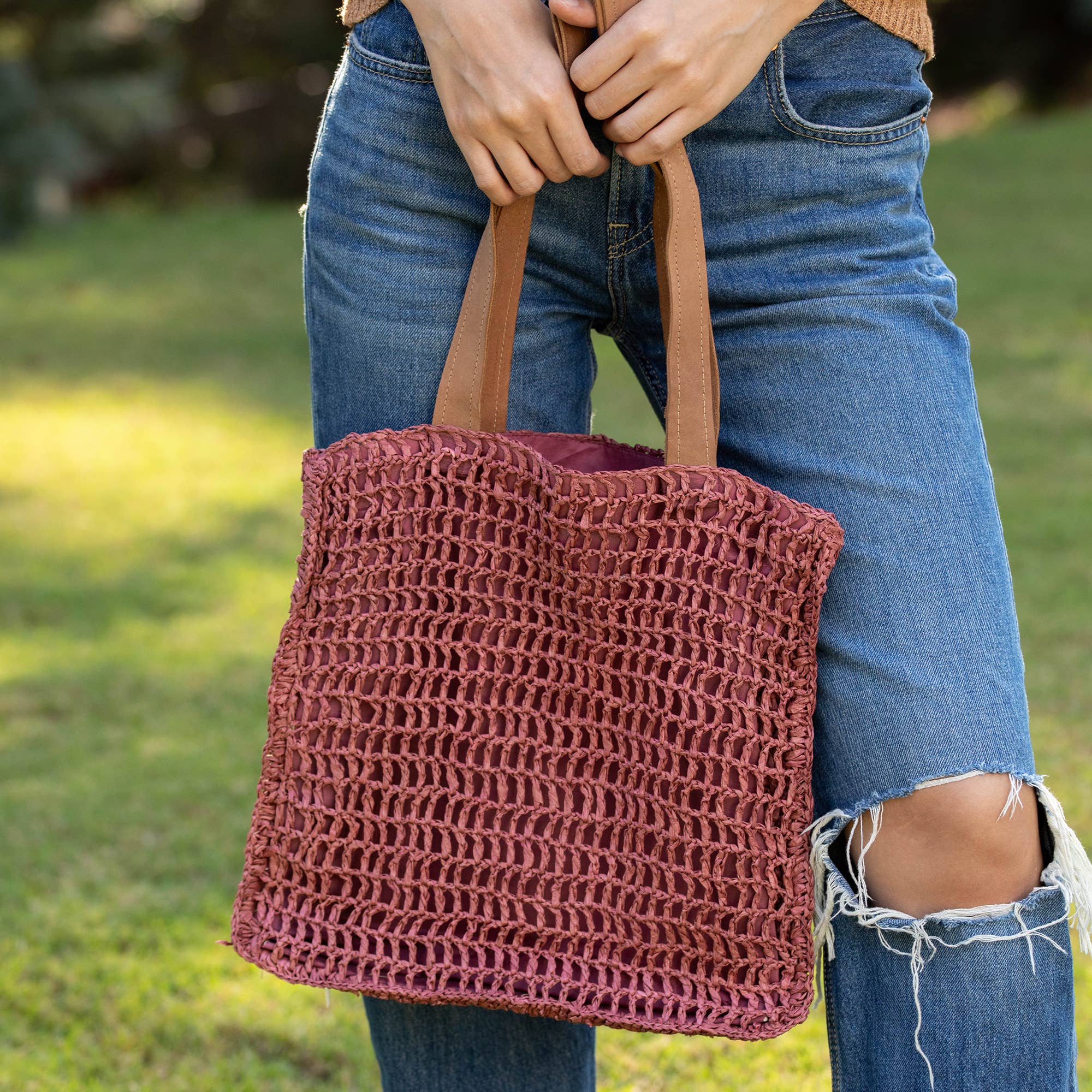Lily Bag - Raffia bag with leather handles - Rust