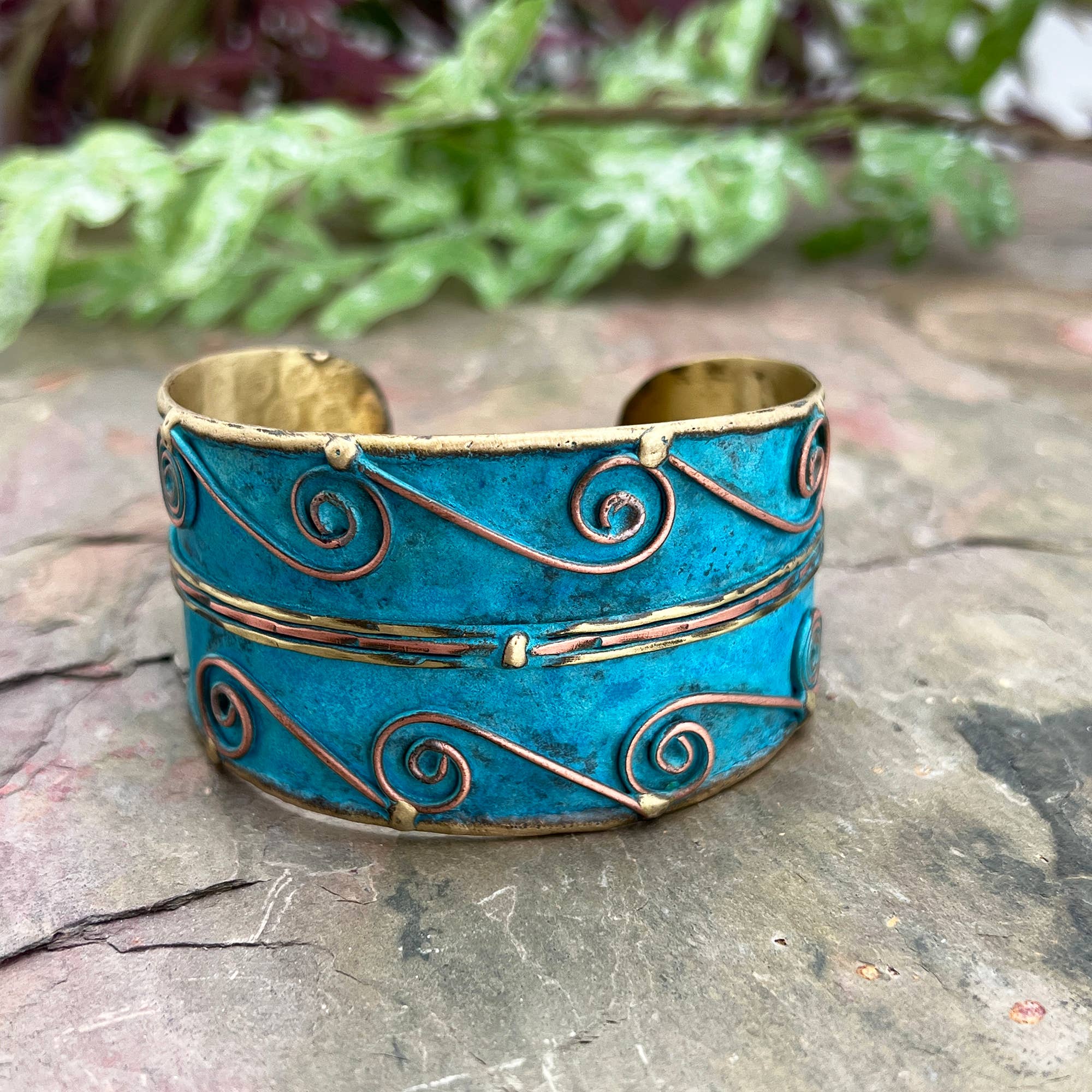 Brass Patina Cuff Bracelet - Turquoise Swirls