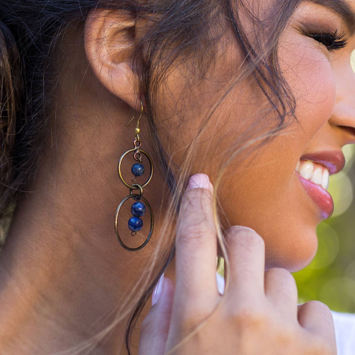 Wire-Wrapped Stone Earrings - Antique Brass, Lapis Lazuli